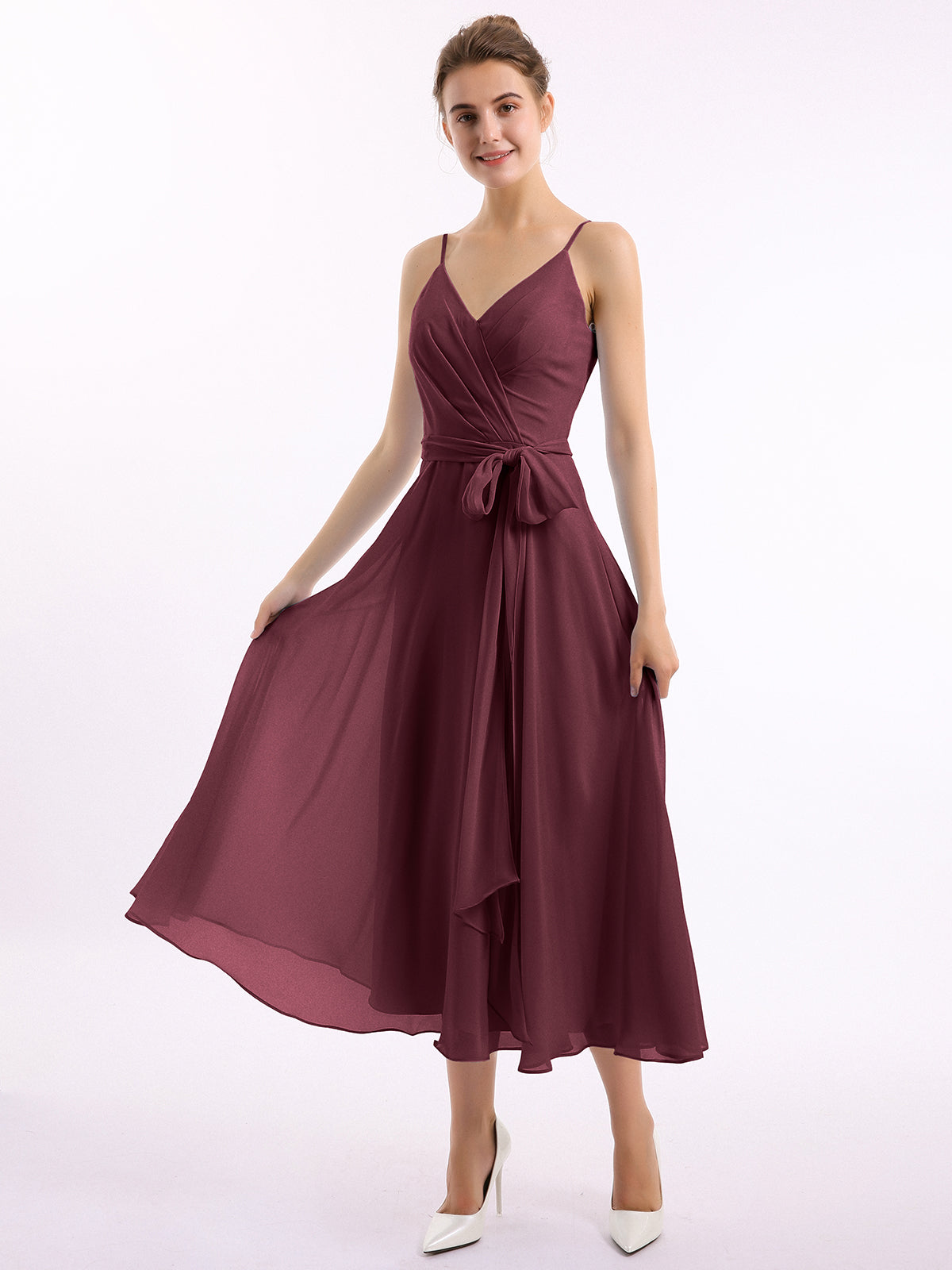 BABARONI Chiffon Cabernet Bridesmaid Dresses V-neck Tea-length Spaghetti  Straps Bow A-line