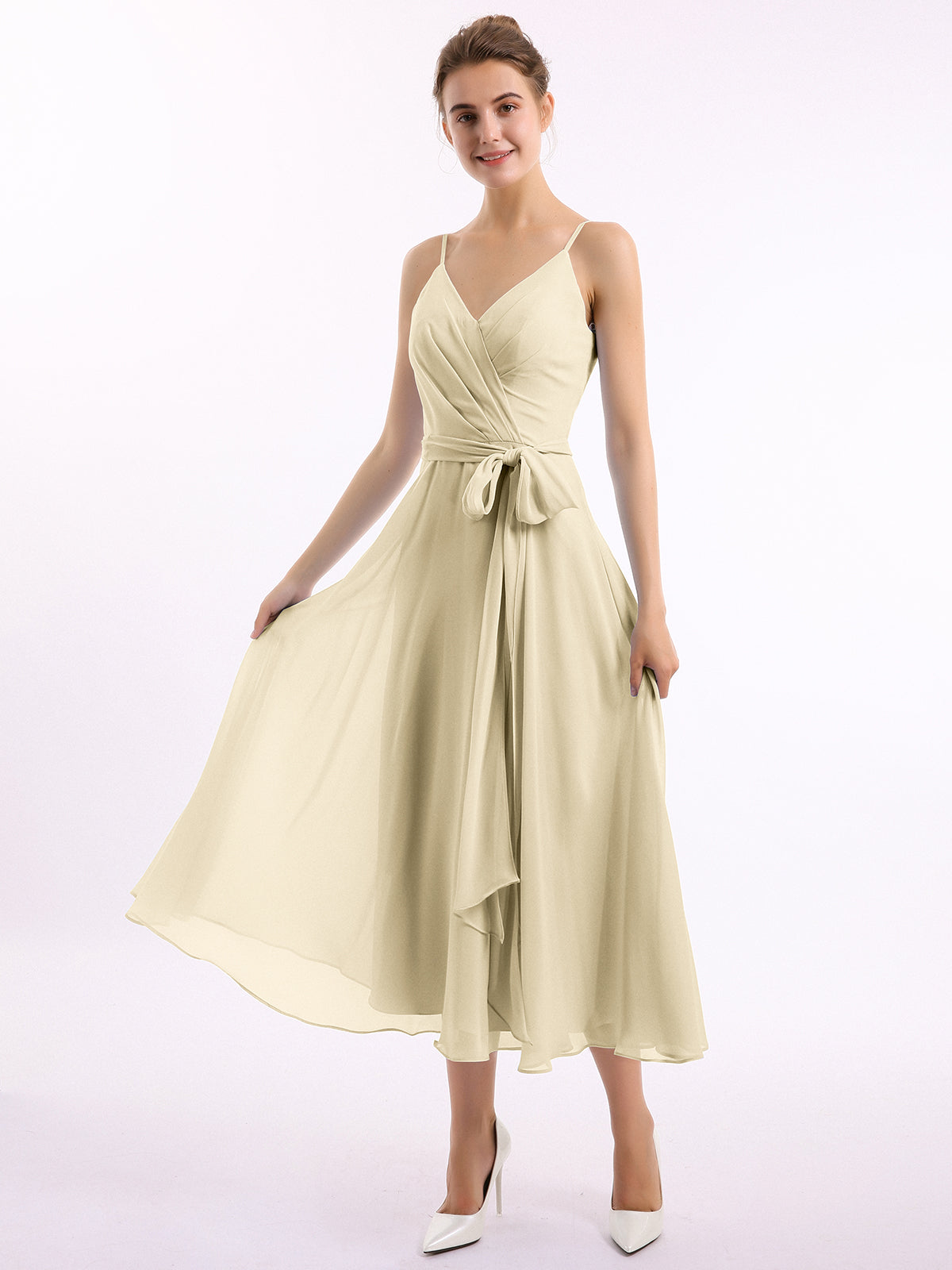 BABARONI Chiffon Champagne Bridesmaid Dresses V-neck Tea-length Spaghetti  Straps Bow A-line