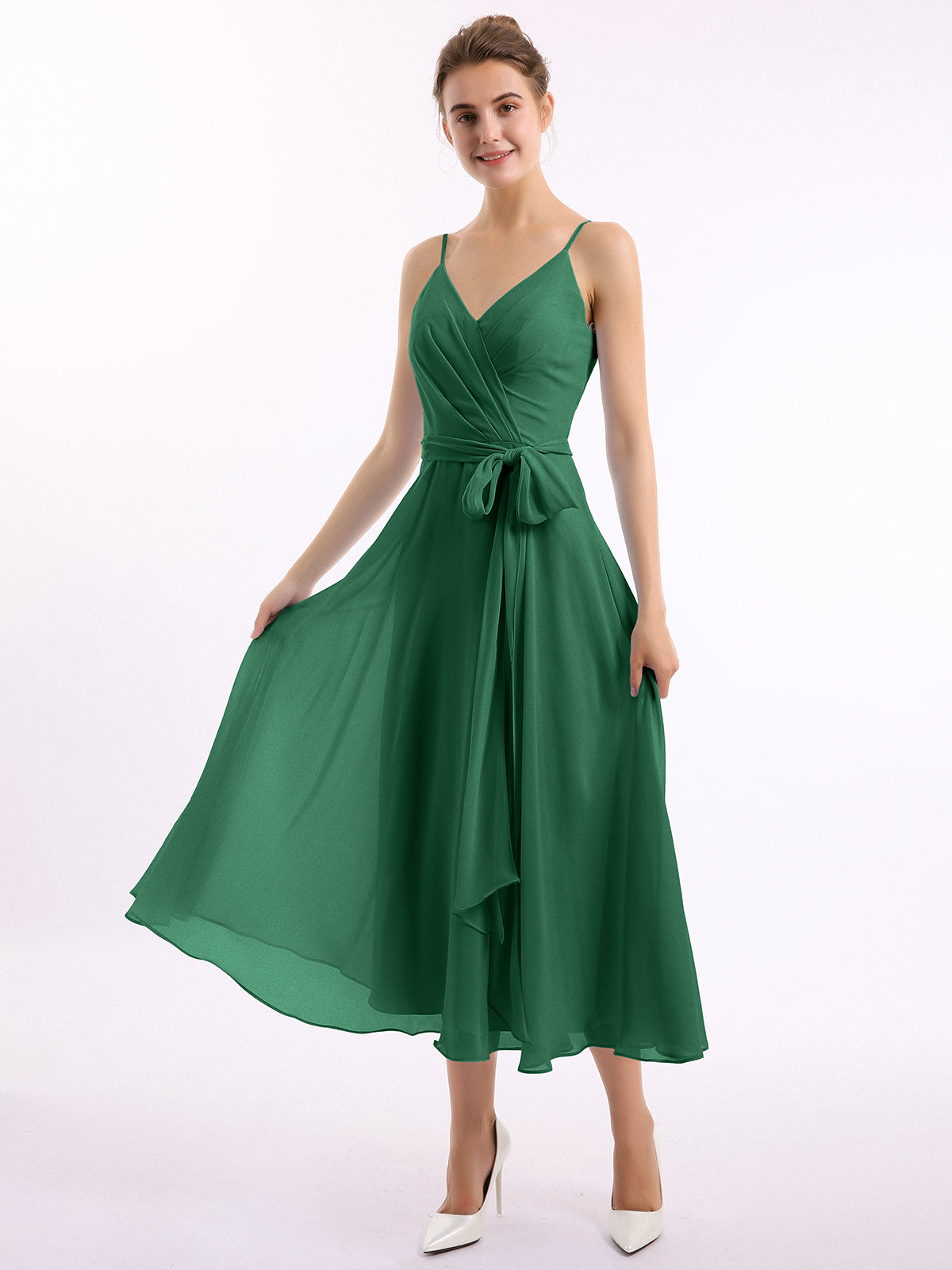 BABARONI Spaghetti Strap T Length Dress with Sash Bow Dark Green Plus size, Dark Green / US18