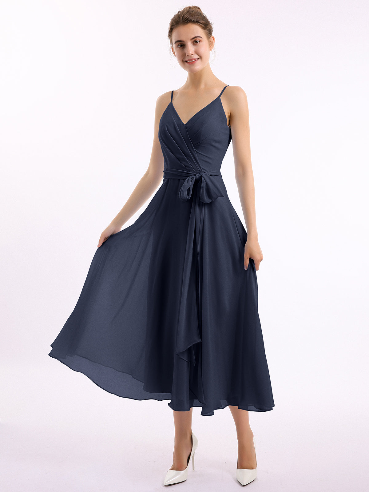 navy blue knee length bridesmaid dresses BABARONI BABARONI Chiffon Dark Navy Bridesmaid Dresses V-neck Tea-length Spaghetti Straps Bow A-line, Dark Navy / US0