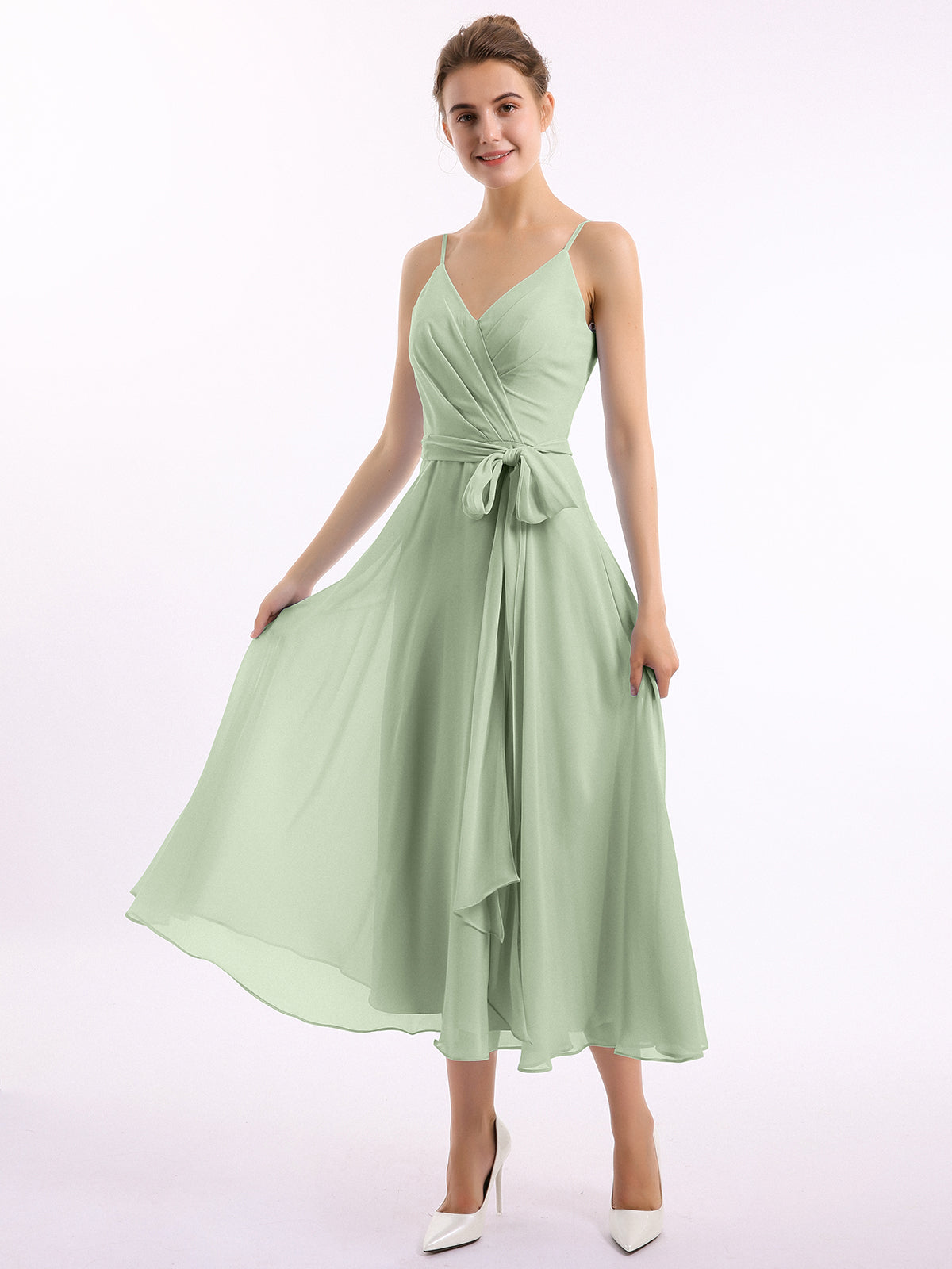 BABARONI Spaghetti Strap T Length Dress with Sash Bow Dusty Sage Plus size, Dusty Sage / US18