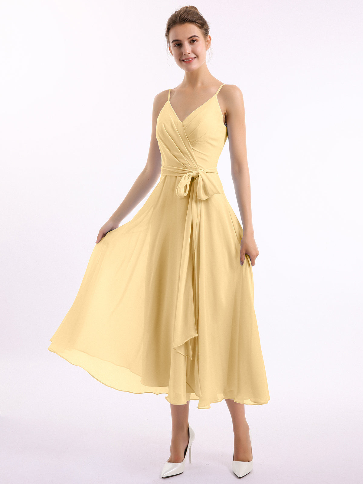 cheap bridesmaid dresses kansas city BABARONI Spaghetti Strap T length Dress with Sash Bow Gold, Gold / US0