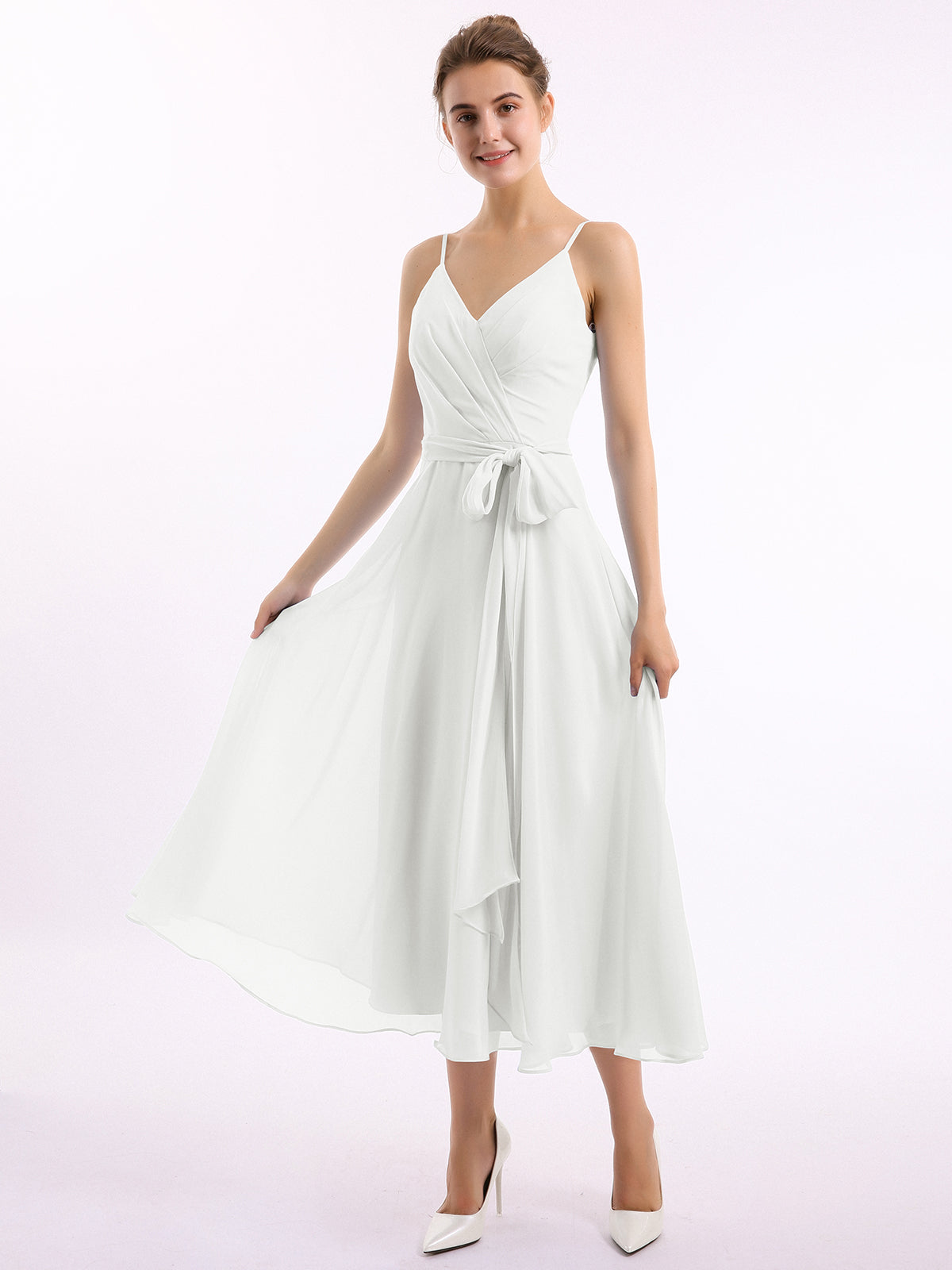 BABARONI Chiffon Ivory Bridesmaid Dresses V-neck Tea-length Spaghetti Straps Bow A-line BABARONI Chiffon Ivory Bridesmaid Dresses V-neck Tea-length Spaghetti Straps Bow A-line