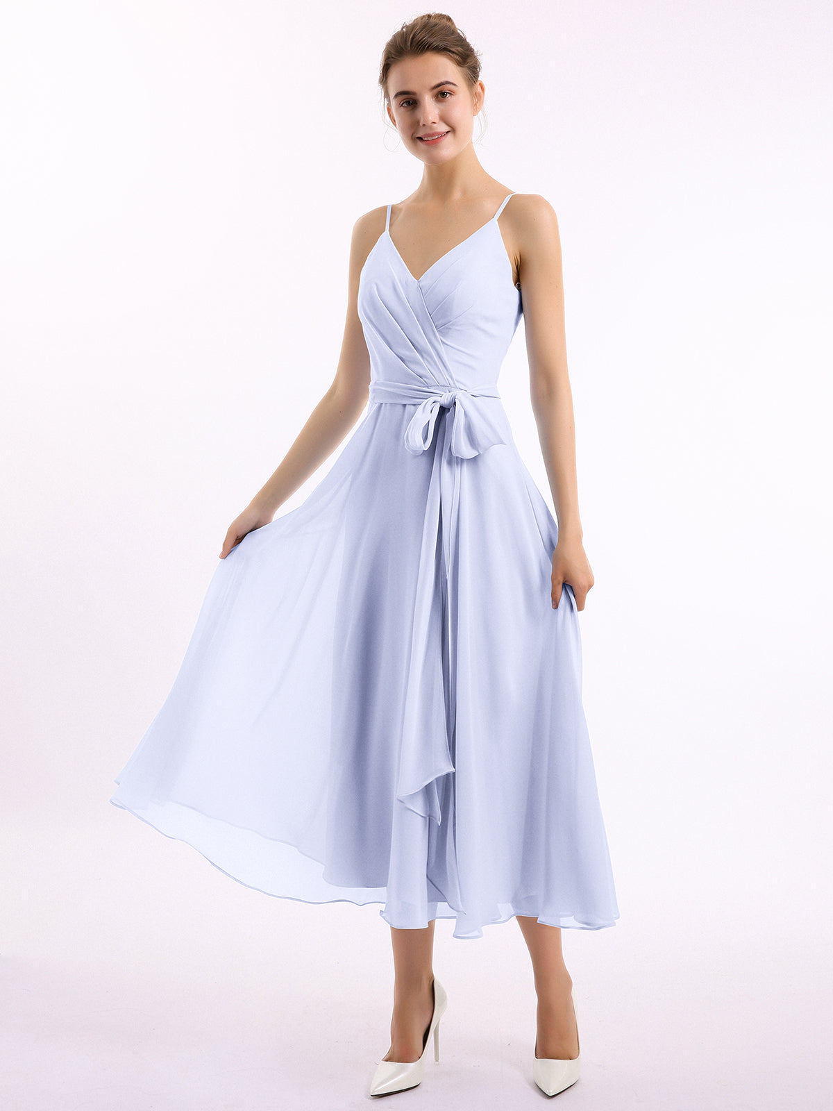 BABARONI Chiffon Lavender Bridesmaid Dresses V-neck Tea-length Spaghetti Straps Bow A-line BABARONI Chiffon Lavender Bridesmaid Dresses V-neck Tea-length Spaghetti Straps Bow A-line