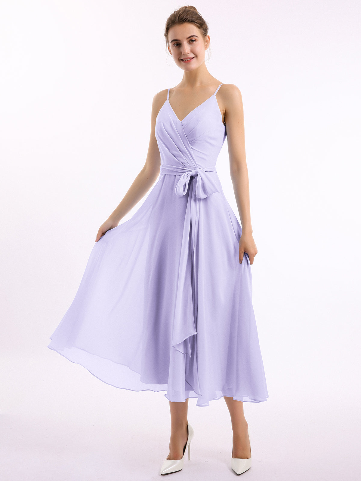 BABARONI Chiffon Lilac Bridesmaid Dresses V-neck Tea-length Spaghetti Straps Bow A-line, Lilac / US18