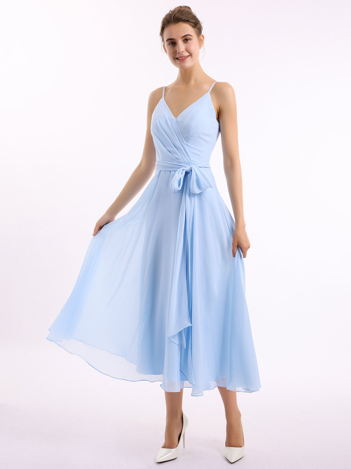 BABARONI Chiffon Sky Blue Bridesmaid Dresses V-neck Tea-length Spaghetti  Straps Bow A-line