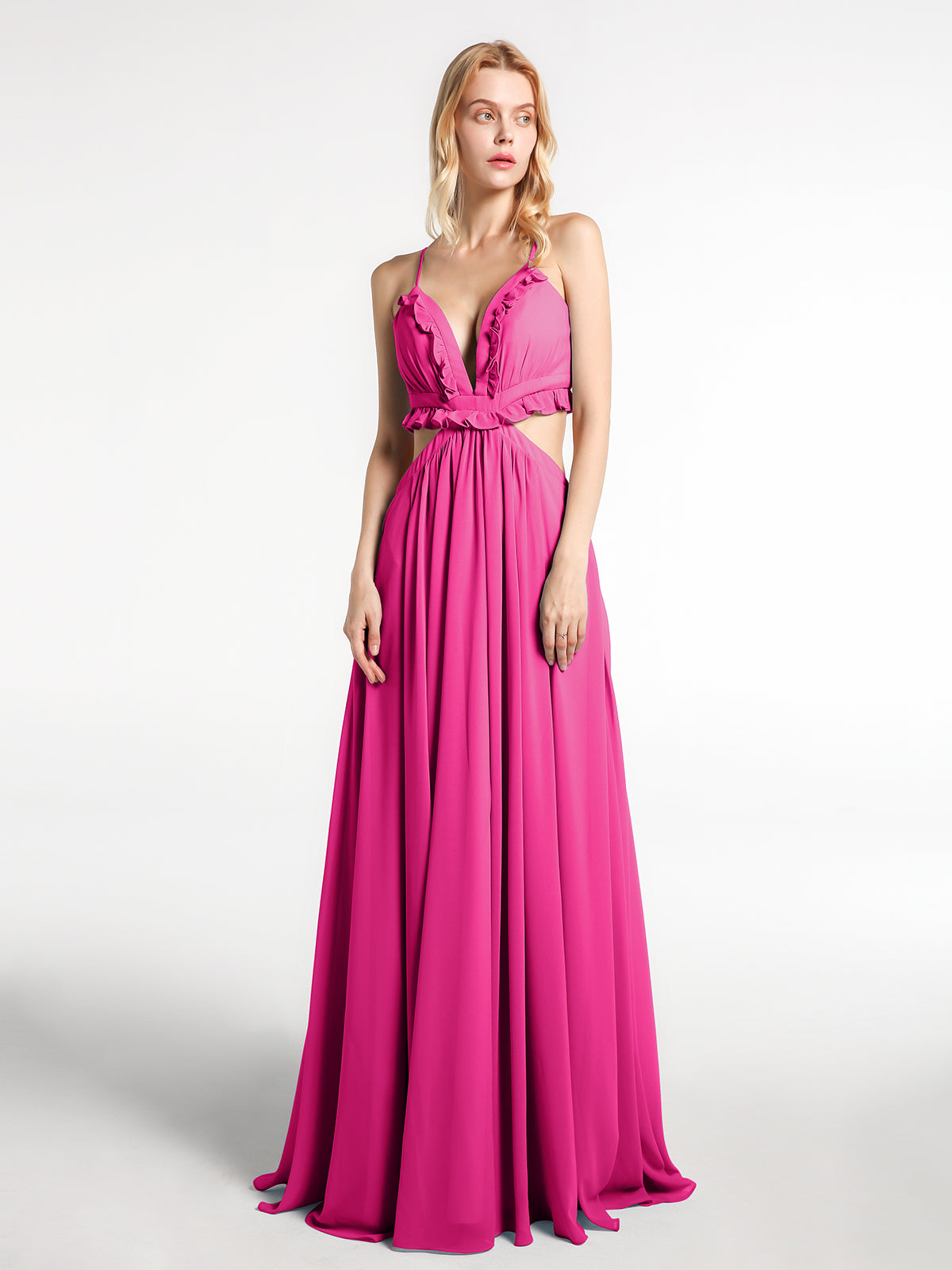 Spaghetti Strap Ruffled Chiffon Cutout Maxi Sexy Dress Fuchsia- Eudora