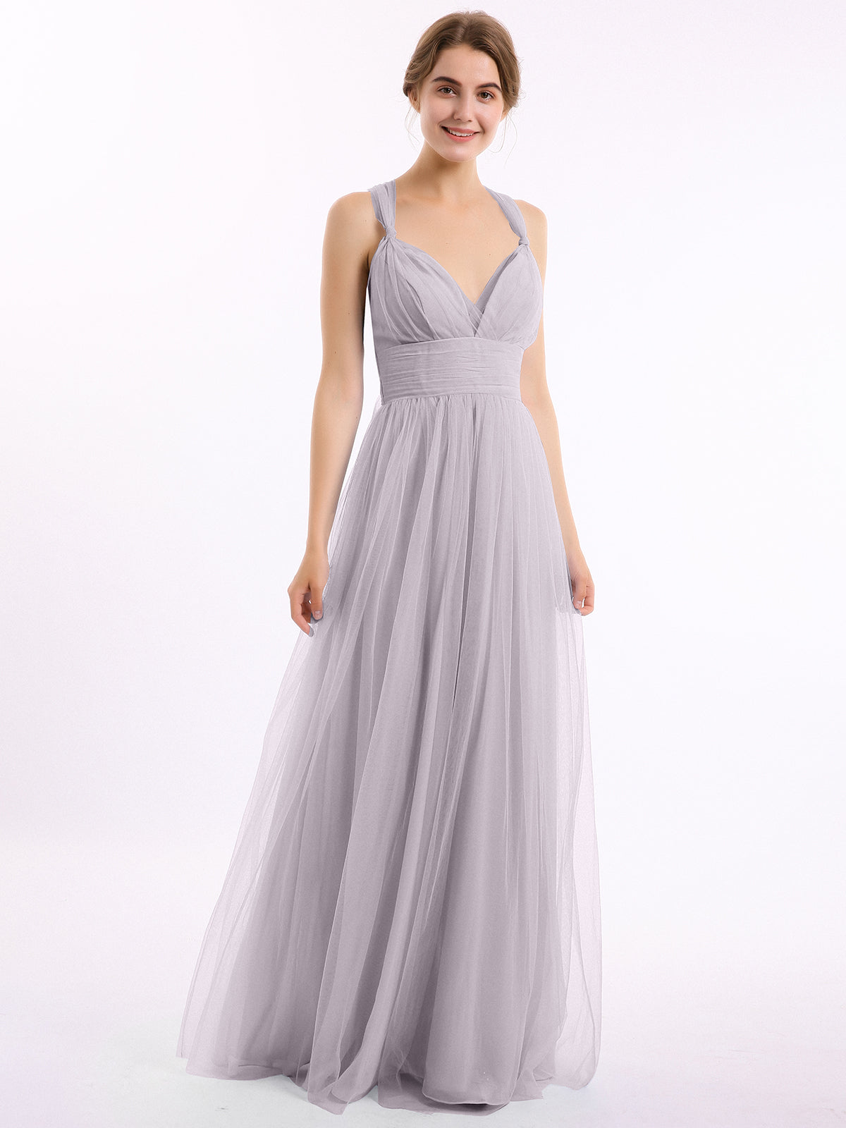 BABARONI Tulle Dusk Bridesmaid Dresses V-neck Floor-length Criss-Cross Straps Straps Bow A-line, Dusk / US0