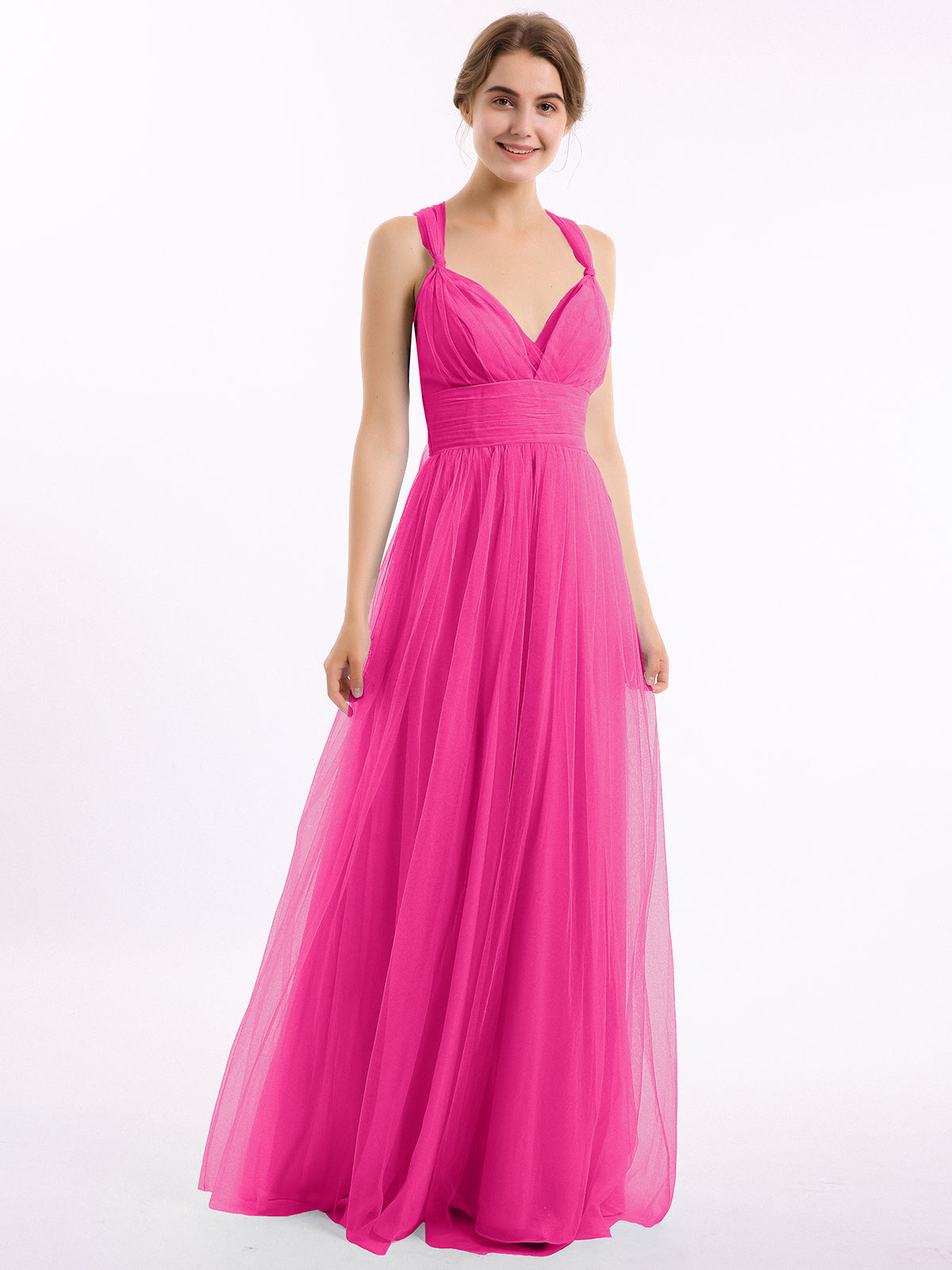 hot pink chiffon maxi dress BABARONI Tulle Fuchsia Bridesmaid Dresses V-neck Floor-length Criss-Cross  Straps Straps Bow A-line