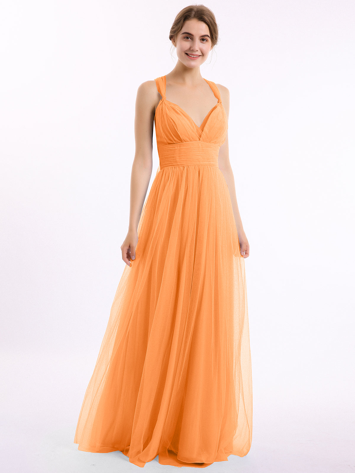 BABARONI Tulle Orange Bridesmaid Dresses V-neck Floor-length Criss-Cross  Straps Straps Bow A-line