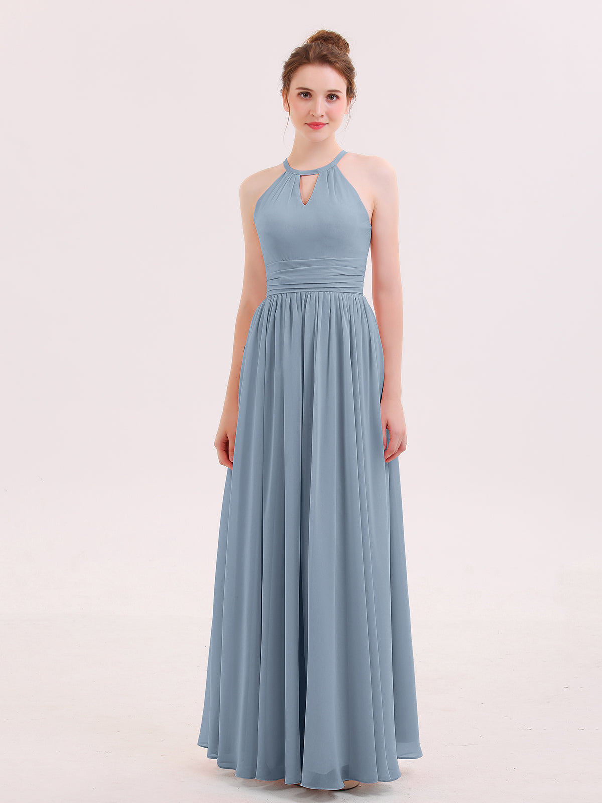 Short Halter Chiffon Bridesmaid Gown Dusty Blue Plus Size