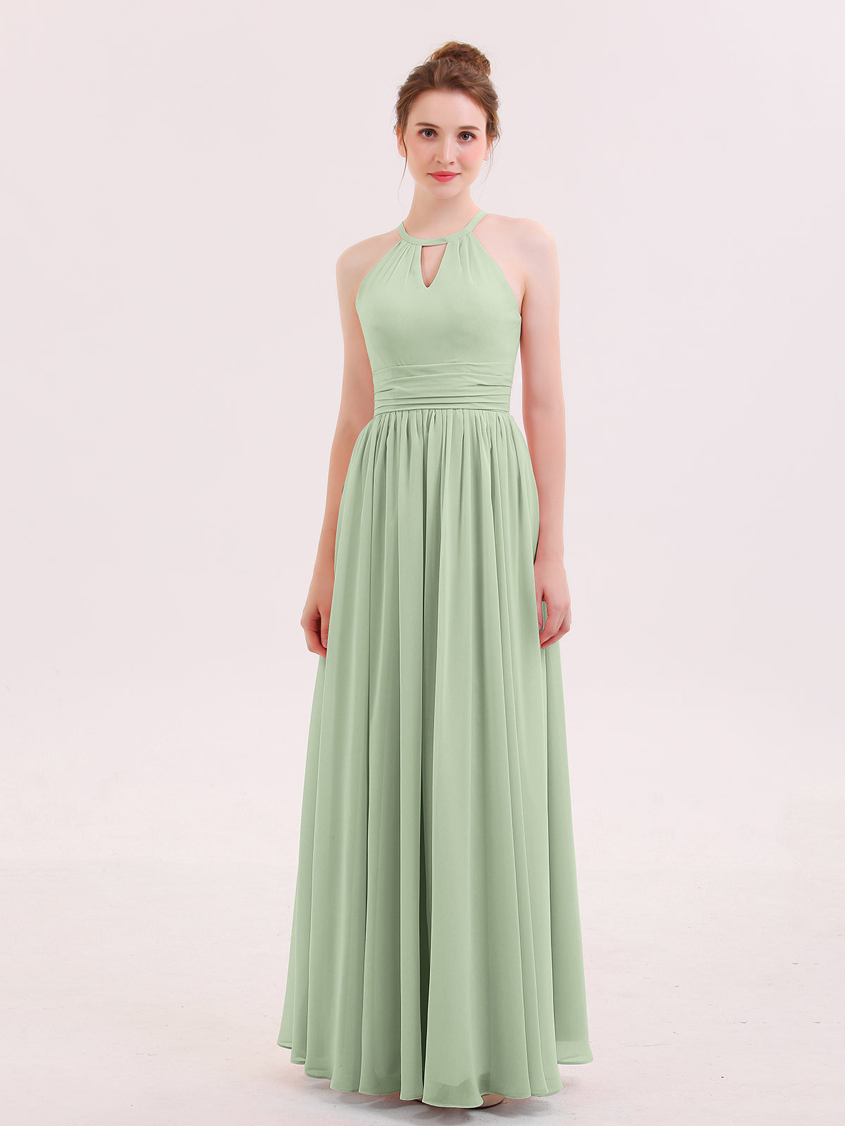 Halter Long Chiffon Dress with Open Back Dusty Sage Plus Size