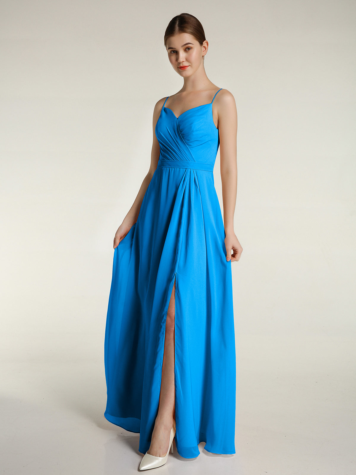 Spaghetti Straps V-neck Chiffon Dress With Slit Ocean Blue