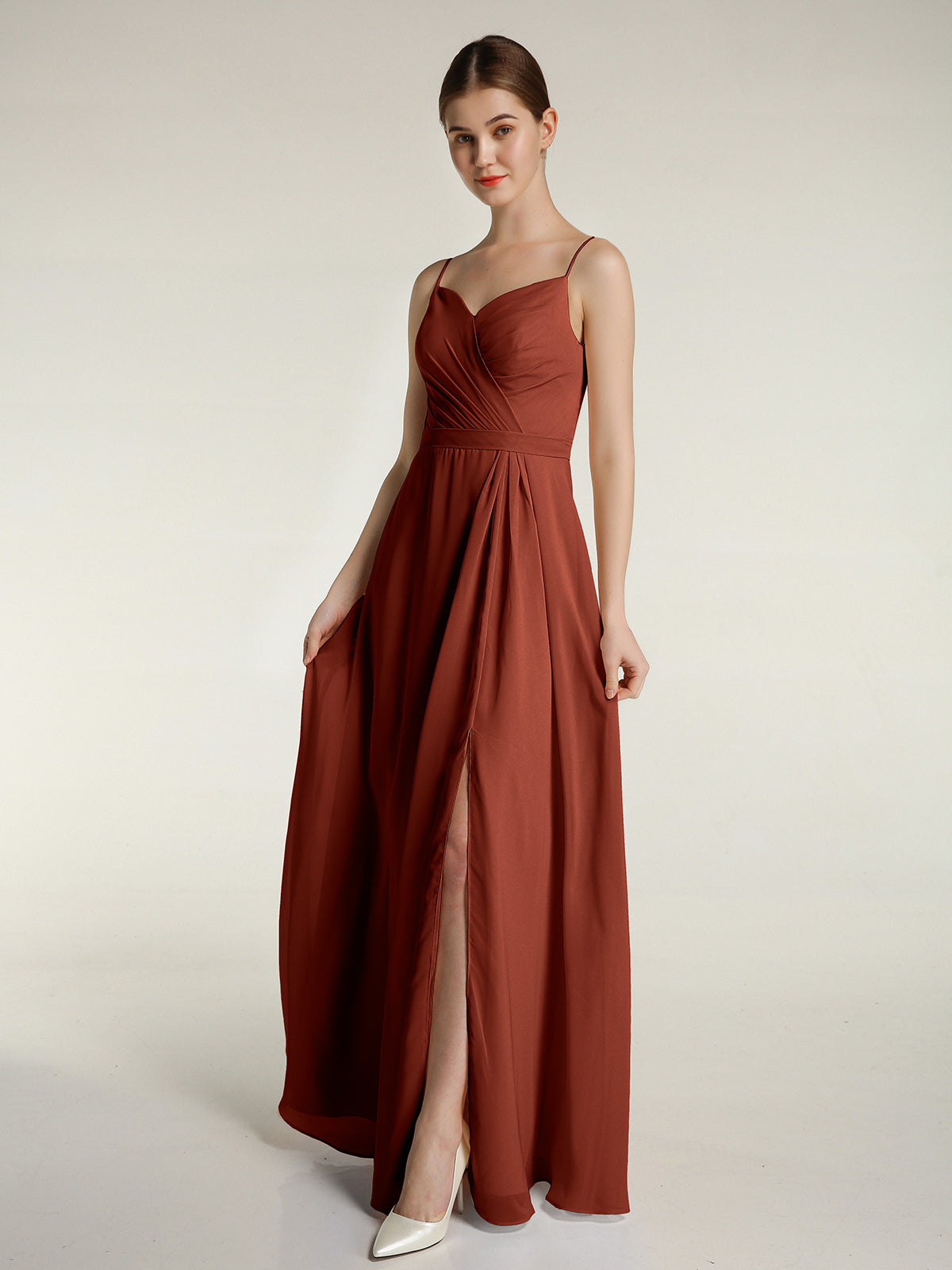 BABARONI BABARONI Chiffon Rust Bridesmaid Dresses Sweetheart Floor-length Spaghetti Straps Ruched A-line, Rust / US0