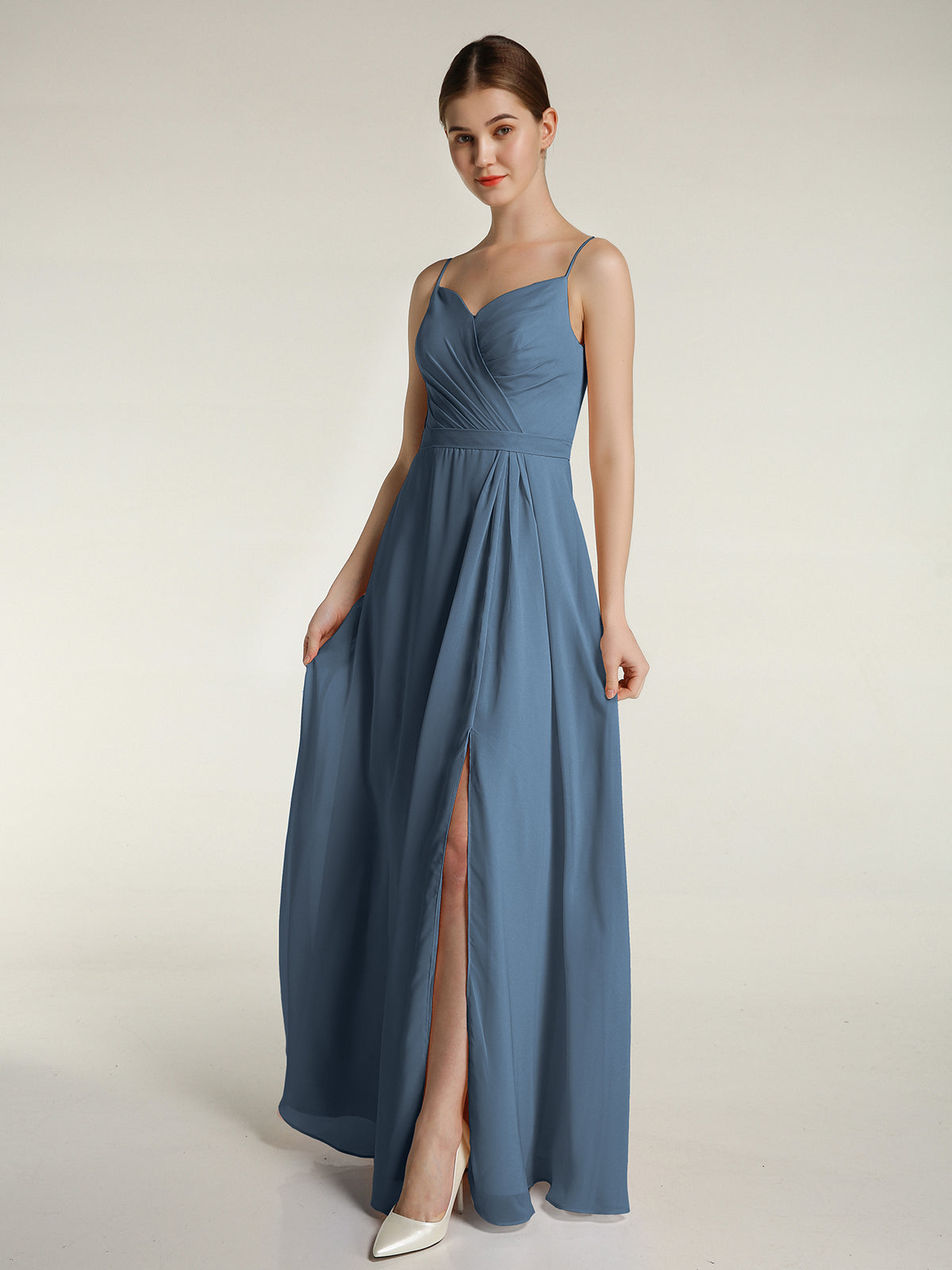 Square Neck Spaghetti Straps Chiffon Dresses Slate Blue