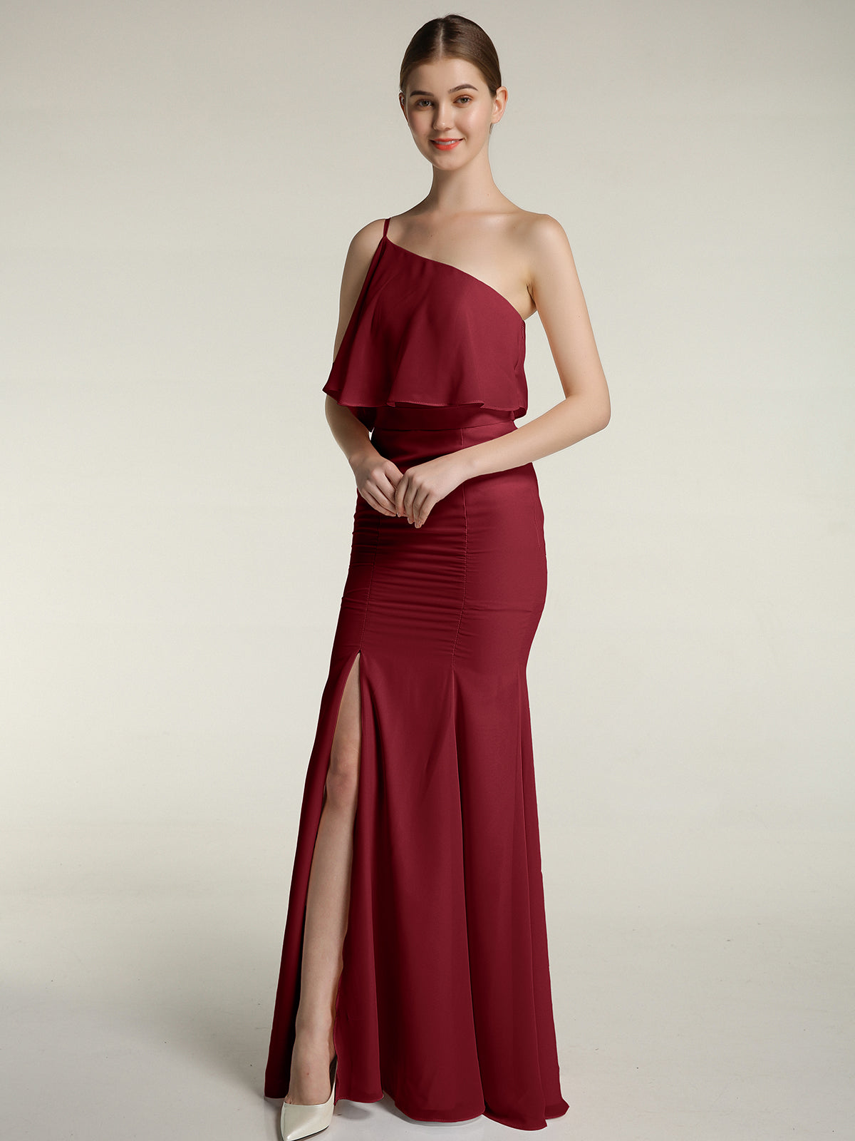 strapless open back dress BABARONI One Shoulder Mermaid Dresses with Slit Burgundy, Burgundy / US0
