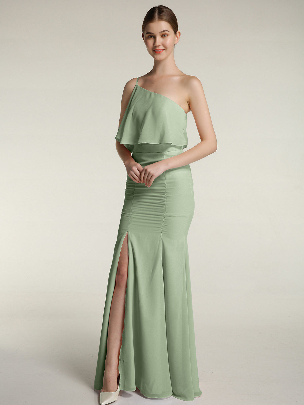 one shoulder sage green bridesmaid dress One Shoulder Sage Green Floor Length Bridesmaid Dress – FancyVestido