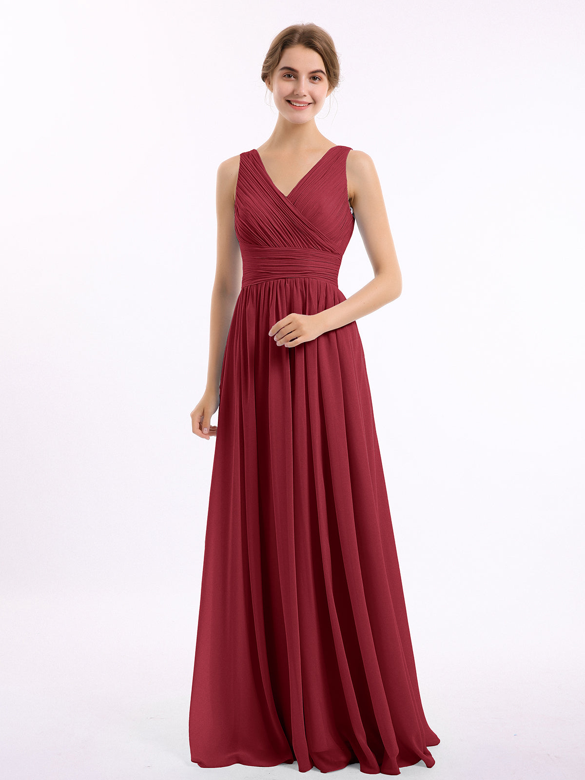 Square Neckline Ruched Chiffon Floor-length Dress Burgundy Plus Size
