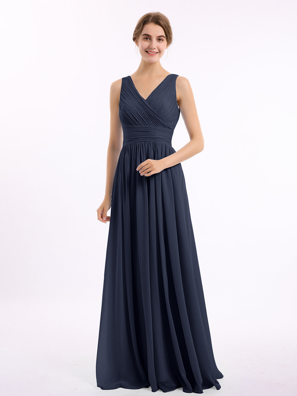BABARONI Chiffon Dark Navy Bridesmaid Dresses V-neck Floor-length