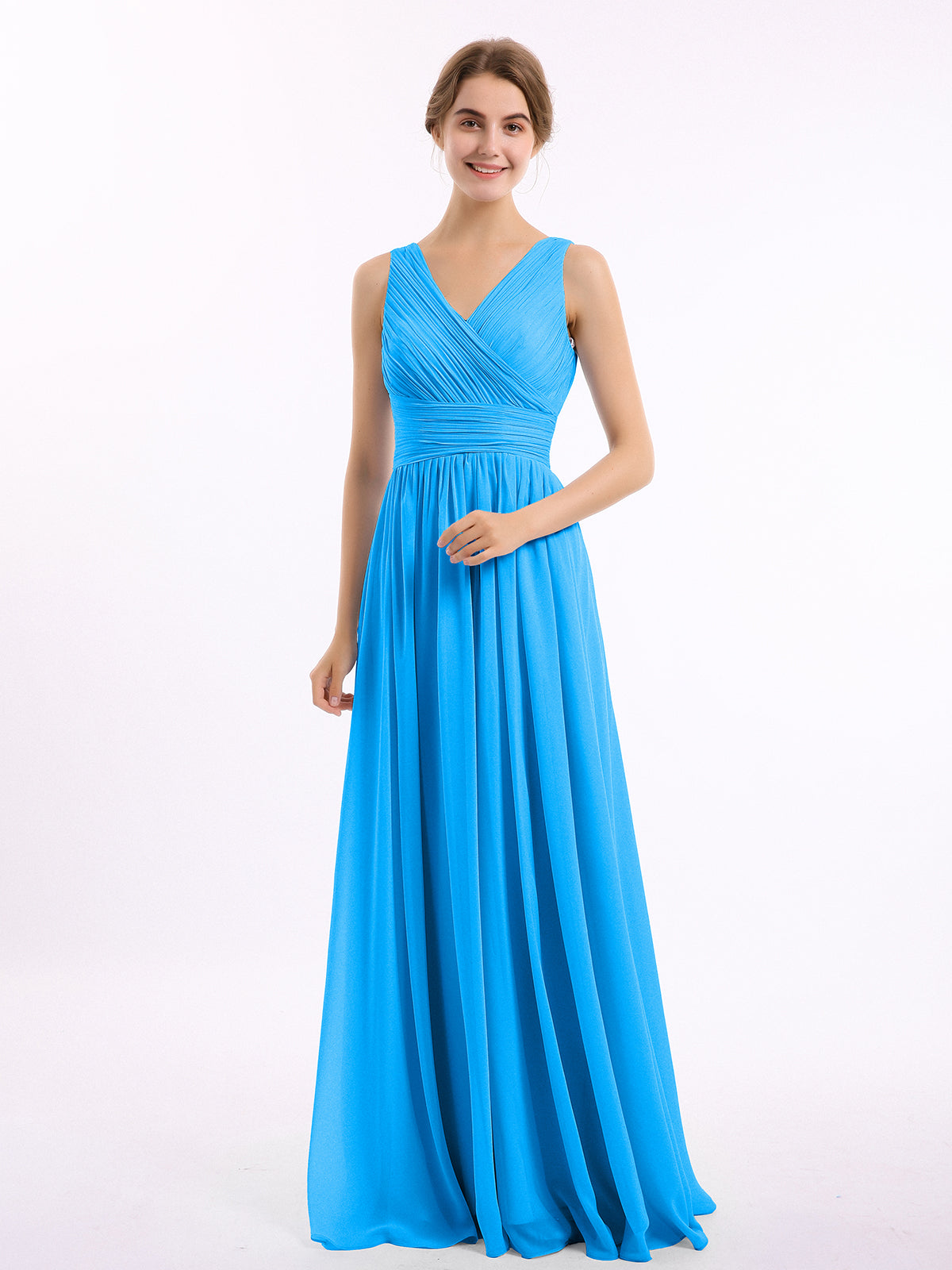 A-Line Cowl Neck Chiffon Ruffle Floor-length Dress Ocean Blue