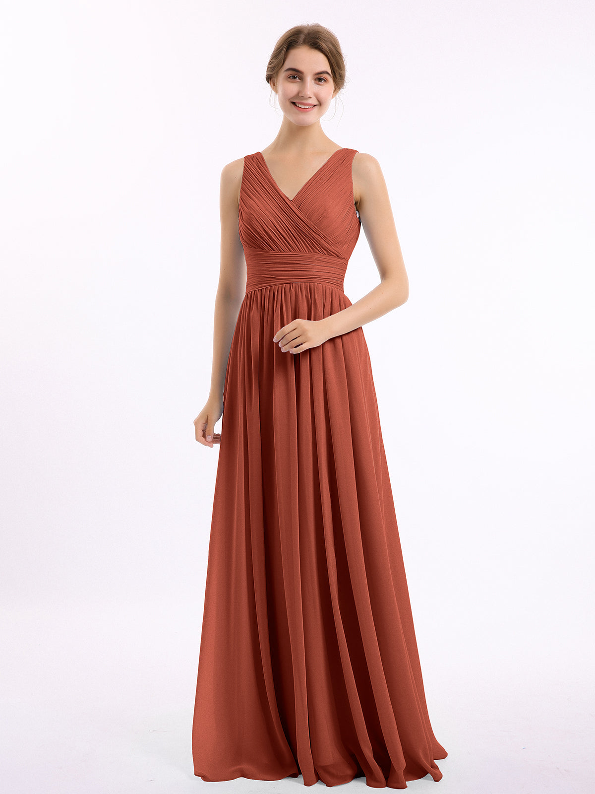 BABARONI Chiffon Rust Bridesmaid Dresses V-neck Floor-length Sleeveless  Ruched A-line