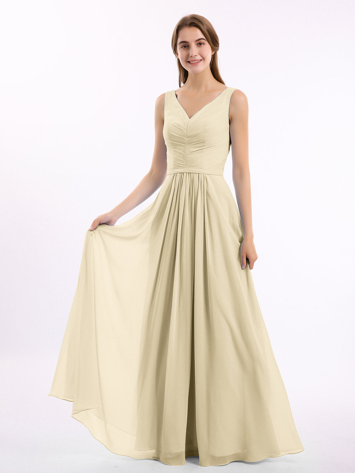 BABARONI Chiffon Champagne Bridesmaid Dresses V-neck Floor-length Sleeveless Ruched A-line, Champagne / US0