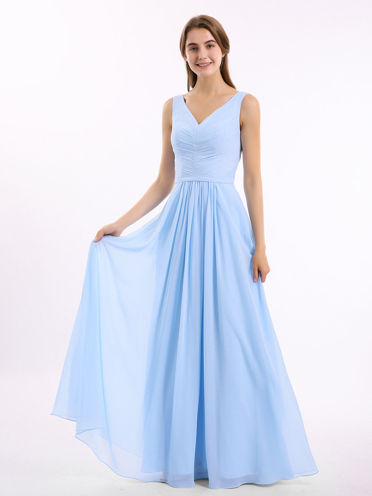 BABARONI Chiffon Sky Blue Bridesmaid Dresses V-neck Floor-length Sleeveless Ruched A-line BABARONI Chiffon Sky Blue Bridesmaid Dresses V-neck Floor-length Sleeveless Ruched A-line