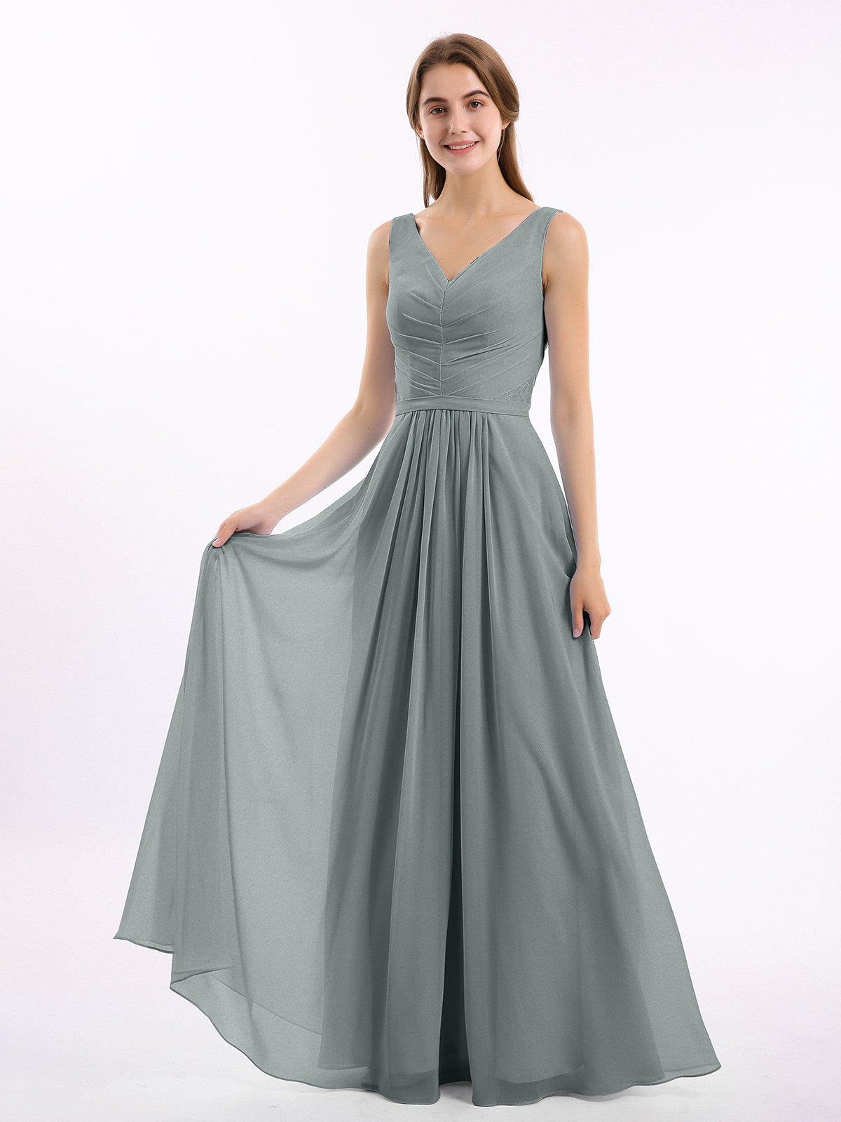 BABARONI Chiffon Steel Grey Bridesmaid Dresses V-neck Floor-length Sleeveless Ruched A-line, Steel Grey / US0