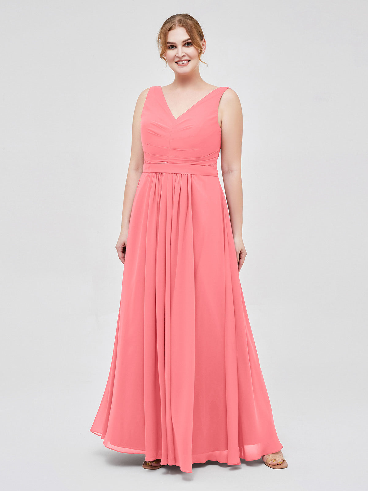 BABARONI V-neck Chiffon Long Dress of Bridesmaids Watermelon, Watermelon / US0