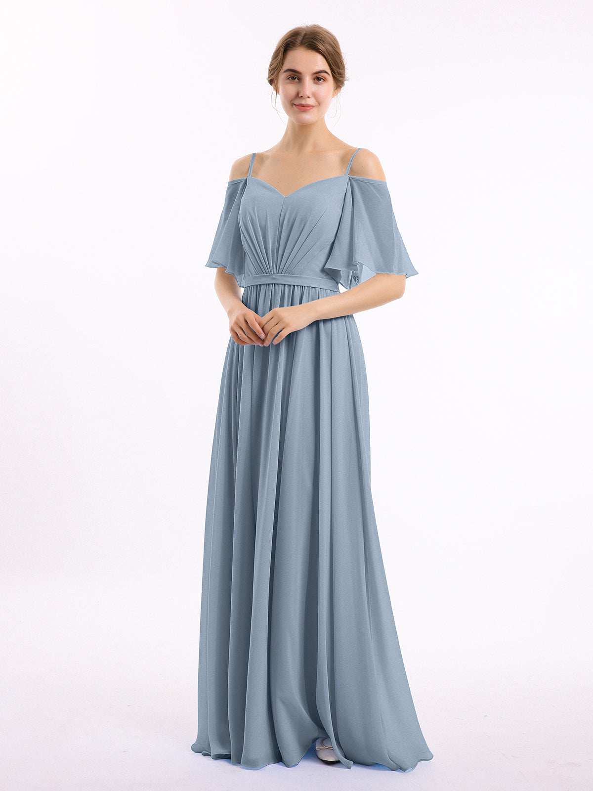 Full-length Spaghetti Strap Off Shoulder Chiffon Gown Pool main image 1