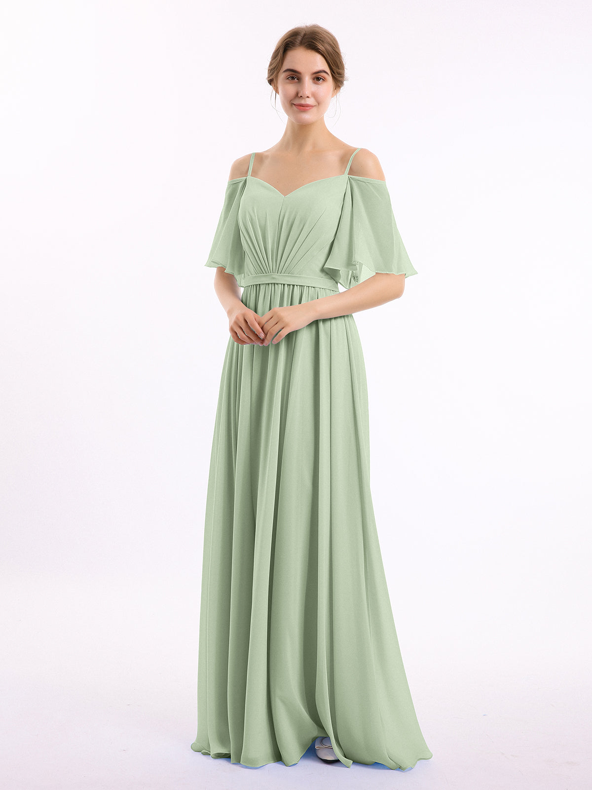 BABARONI Spaghetti Strap Off Shoulder Chiffon Dresses Dusty Sage, Dusty Sage / US0