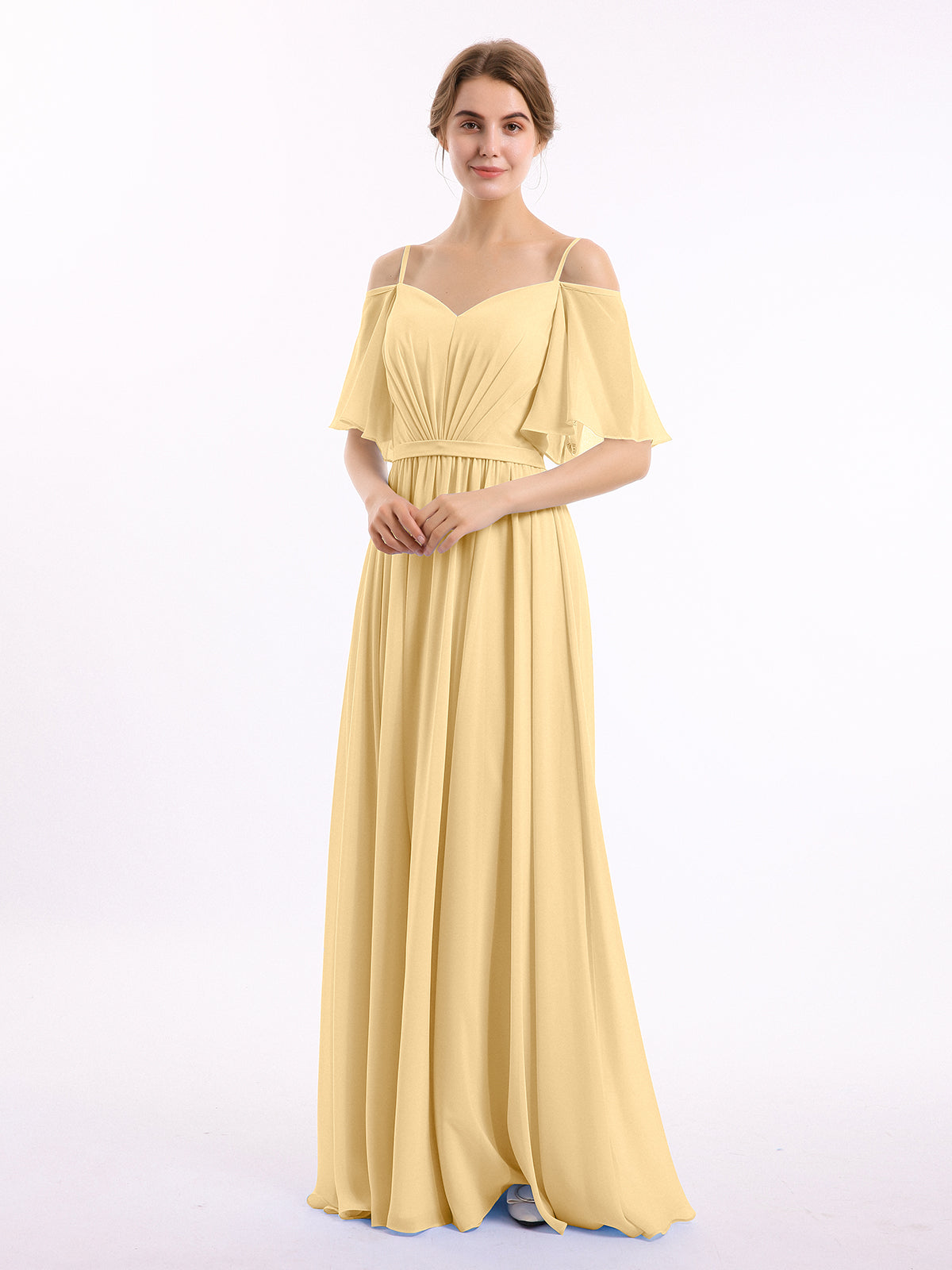 Off The Shoulder Chiffon Dresses with Spaghetti Straps Gold Plus Size