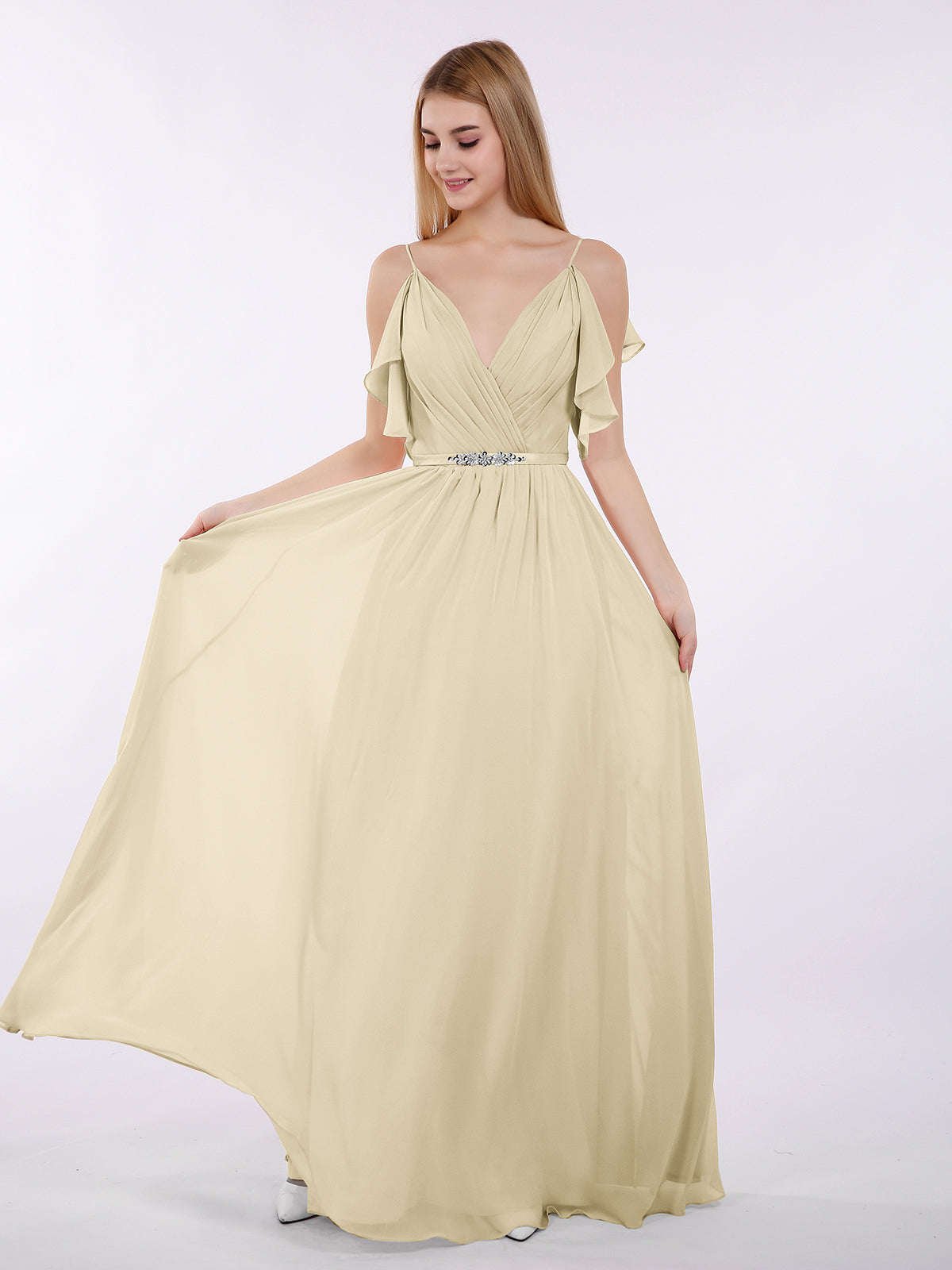 chinese dress ladies BABARONI Spaghetti Strap Chiffon Dress with V-Neck-Champagne Plus size, Champagne / US18