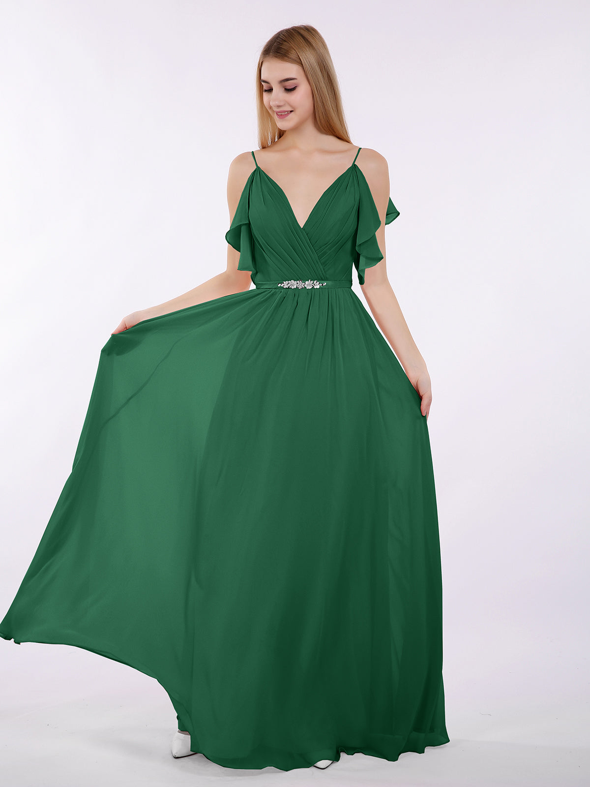 BABARONI Spaghetti Strap Chiffon Dress with V-Neck-Dark Green Plus size, Dark Green / US18
