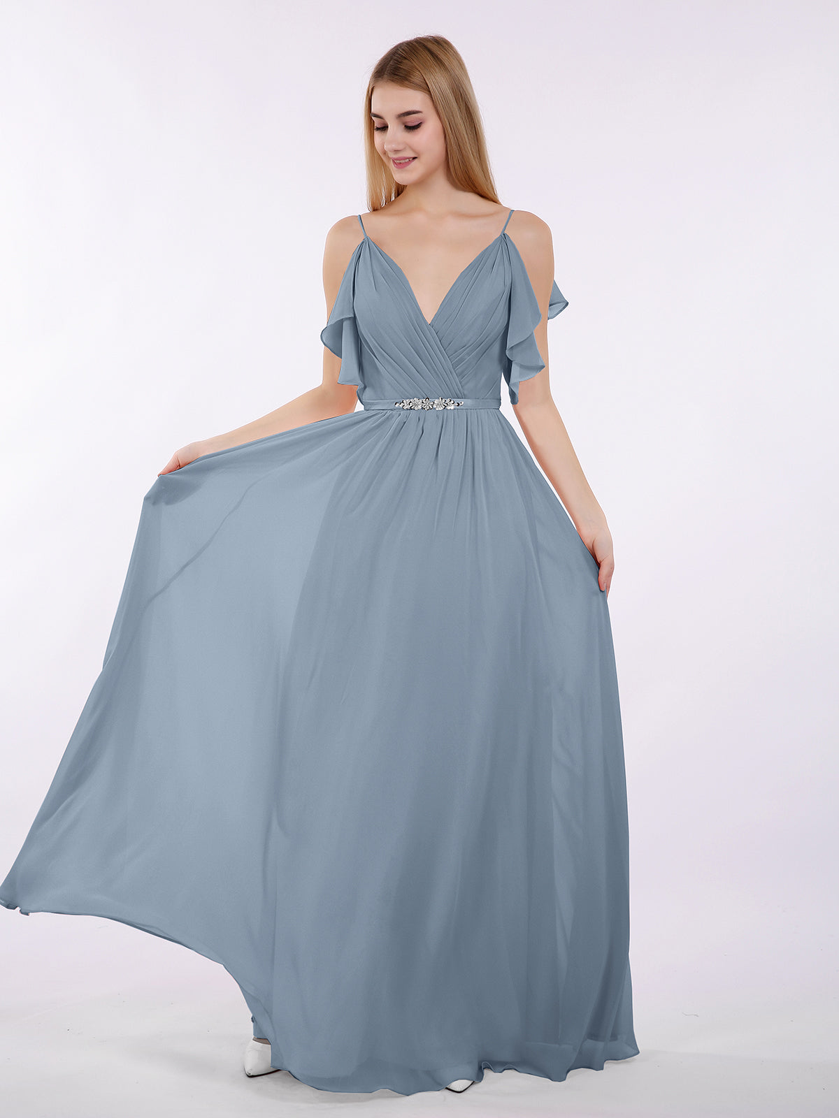 BABARONI Chiffon Dusty Blue Bridesmaid Dresses V-neck Floor-length