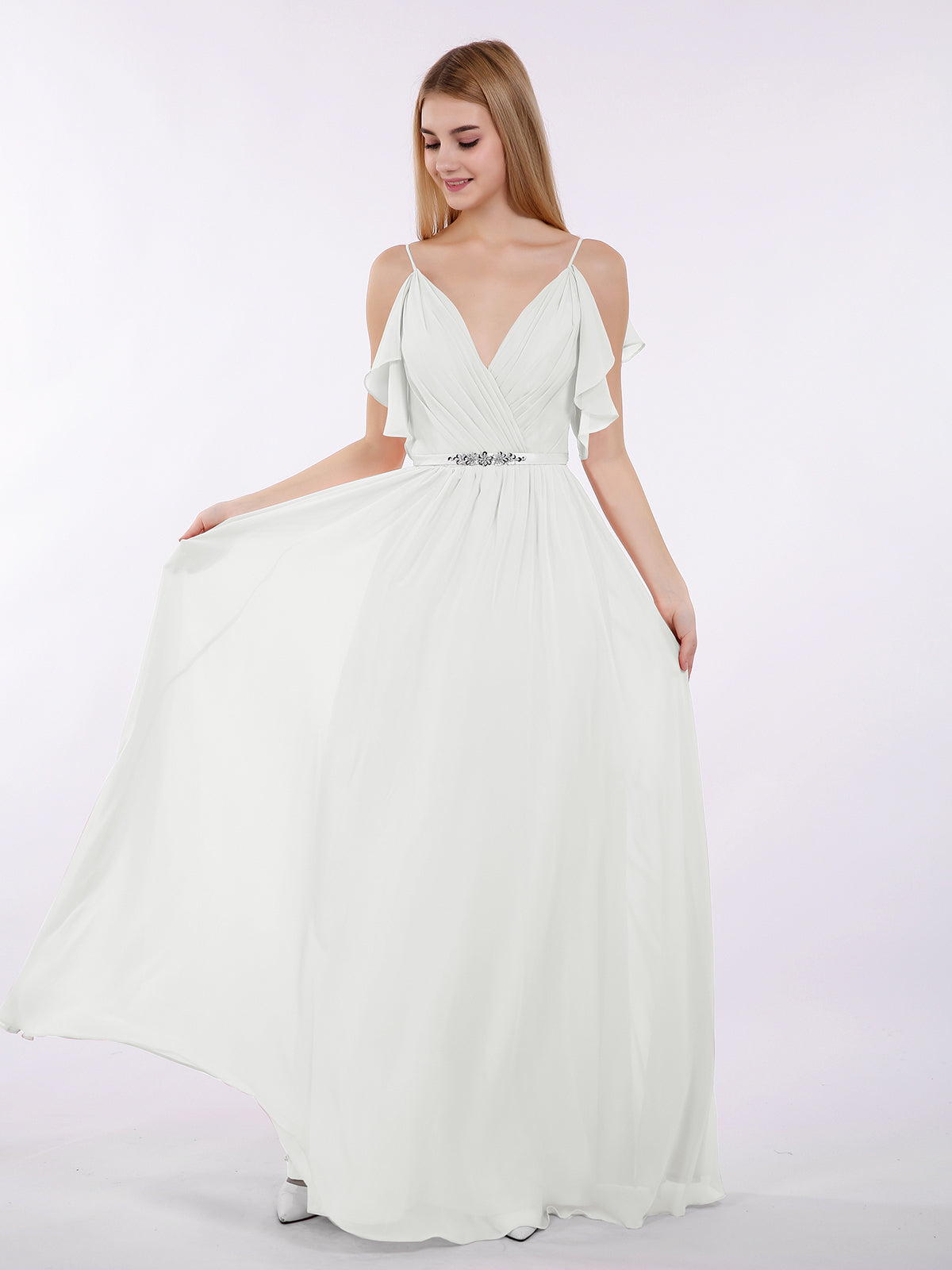 Long Spaghetti Strap Chiffon Gown Scoop Neck High Slit White Plus Size main image 0