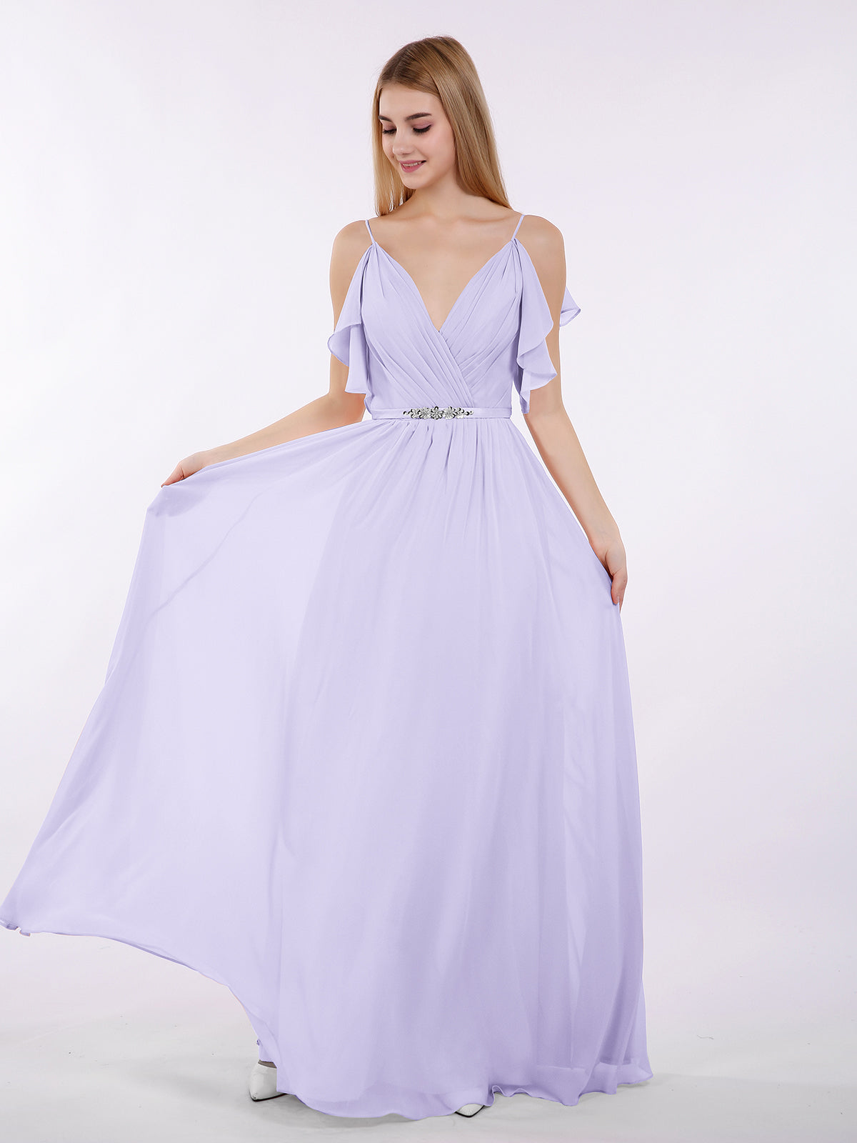 Halter Straps Full Length Chiffon Dresses with Pockets Lilac Plus Size