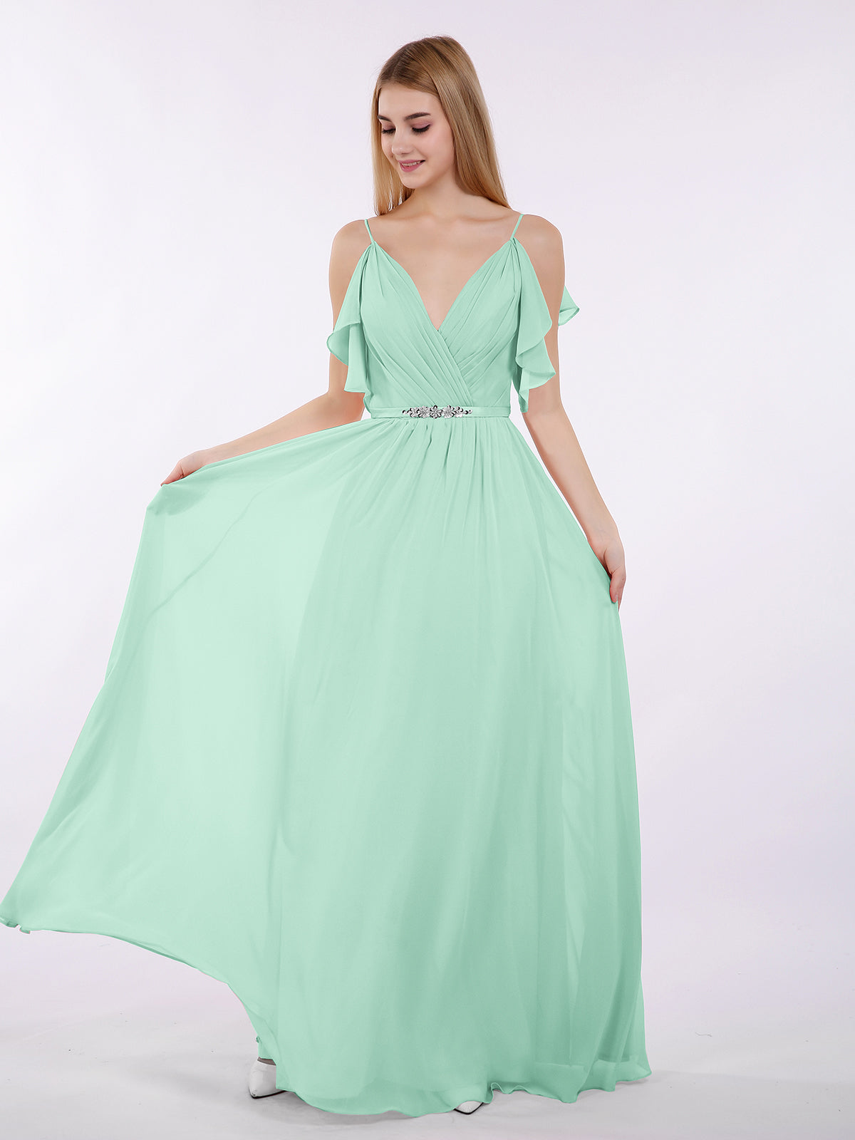 BABARONI Spaghetti Strap Chiffon Dress with V-neck-Mint Green Plus size, Mint Green / US18 BABARONI Spaghetti Strap Chiffon Dress with V-neck-Mint Green Plus size, Mint Green / US18