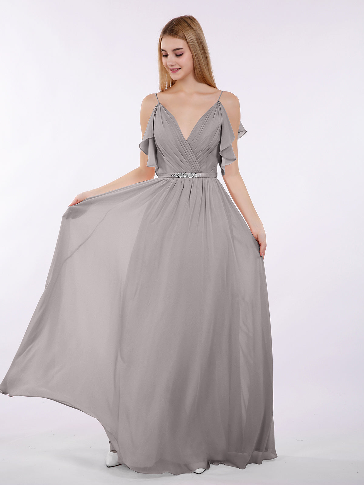Spaghetti Strap Chiffon Dresses with Bow Steel Grey Plus Size