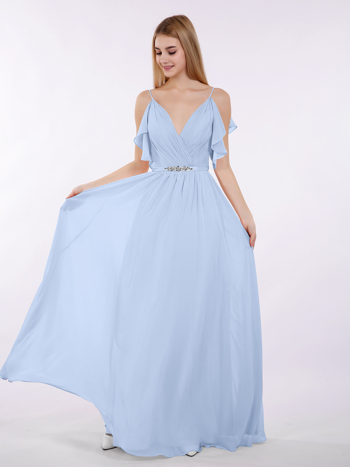 Deep V-neck Chiffon Dresses With Spaghetti Straps Sky Blue