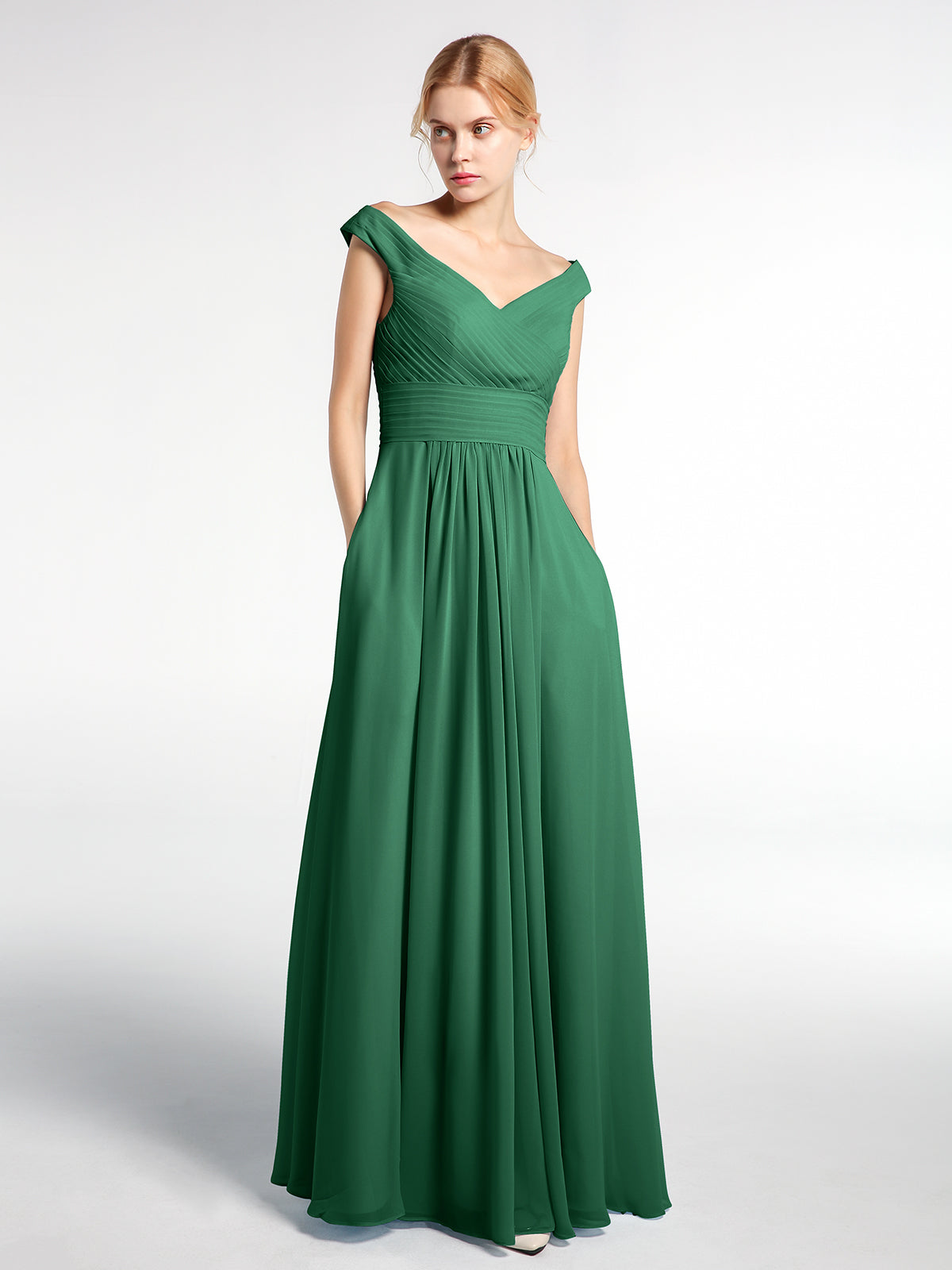 BABARONI Off shoulder V-neck Maxi Dress with Pockets-Dark Green, Dark Green / US0 BABARONI Off shoulder V-neck Maxi Dress with Pockets-Dark Green, Dark Green / US0