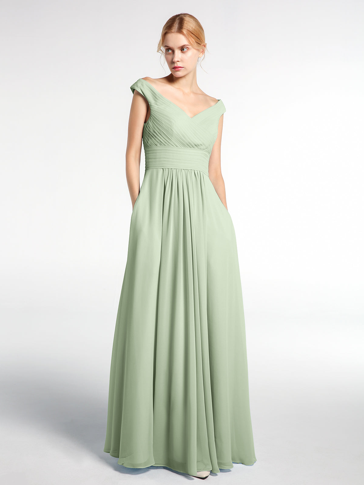 BABARONI Off Shoulder V-Neck Maxi Dress with Pockets-Dusty Sage, Dusty Sage / US0 BABARONI Off Shoulder V-Neck Maxi Dress with Pockets-Dusty Sage, Dusty Sage / US0