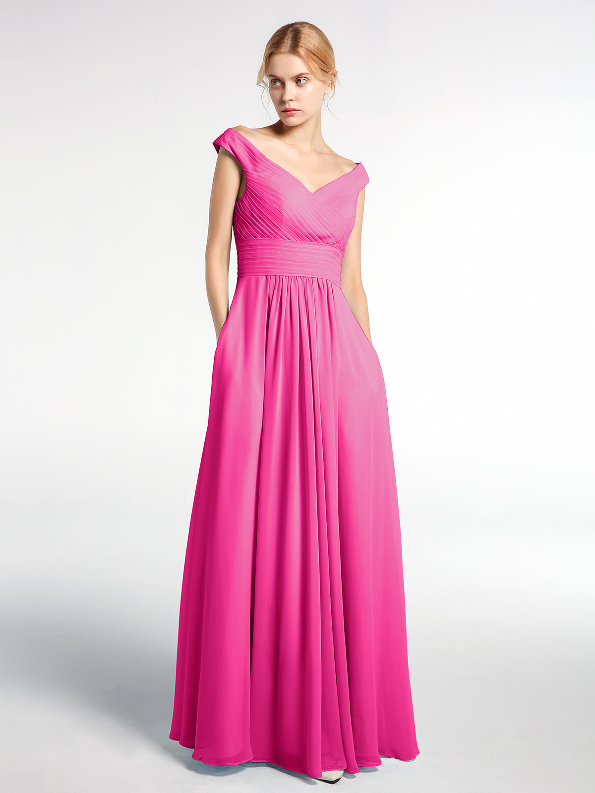 BABARONI Off shoulder V-neck Maxi Dress with Pockets-Fuchsia, Fuchsia / US0 BABARONI Off shoulder V-neck Maxi Dress with Pockets-Fuchsia, Fuchsia / US0