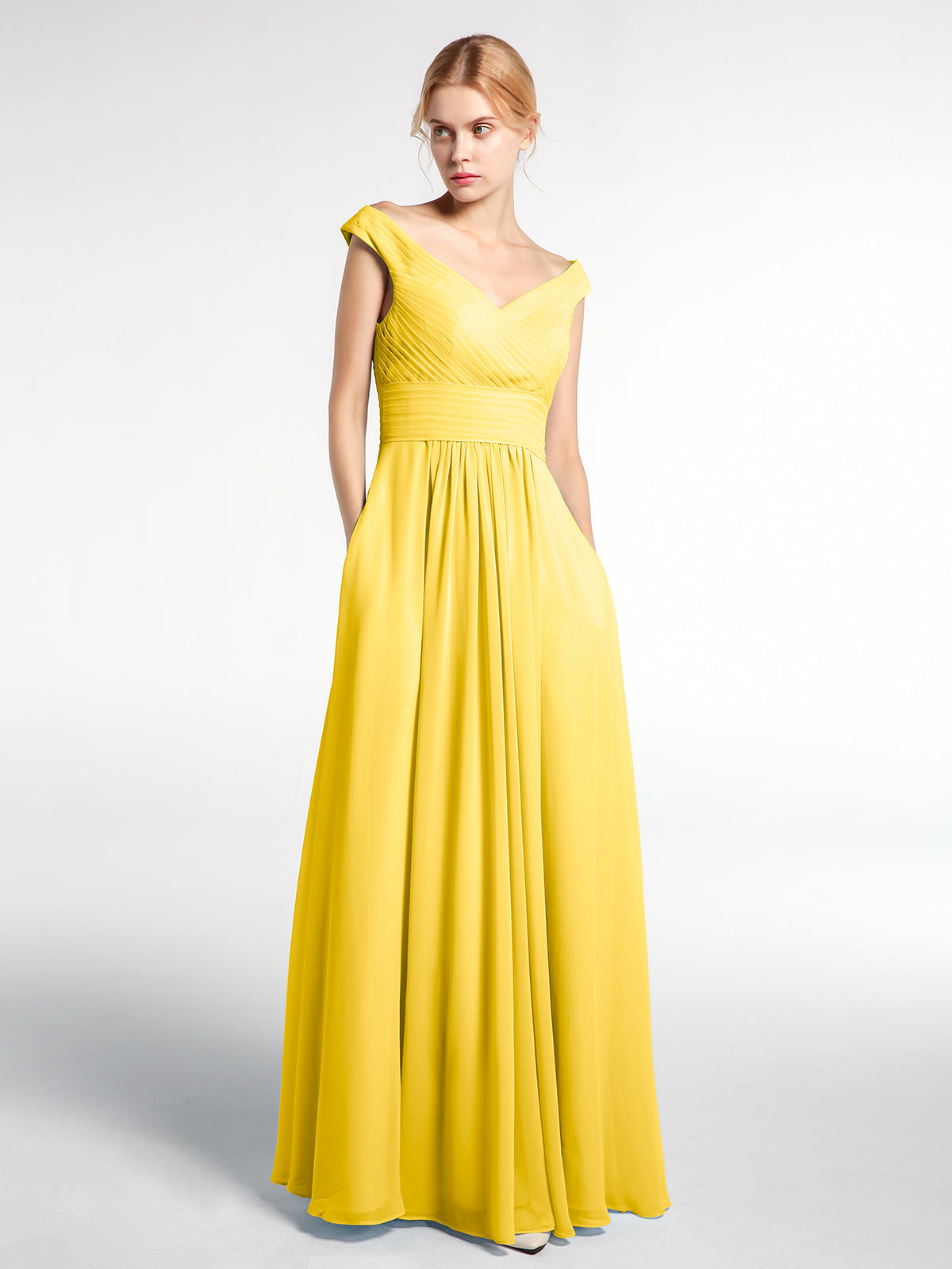 BABARONI Chiffon Marigold Bridesmaid Dresses V-neck Floor-length Sleeveless Pocket A-line, Marigold / US0