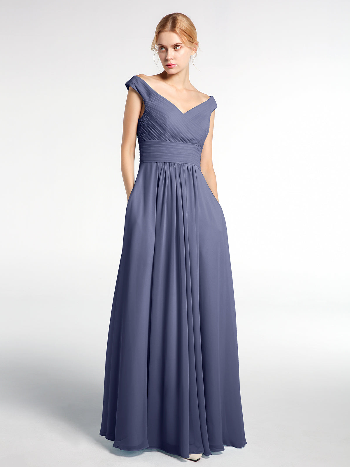 BABARONI Off shoulder V-neck Maxi Dress with Pockets-Stormy, Stormy / US0