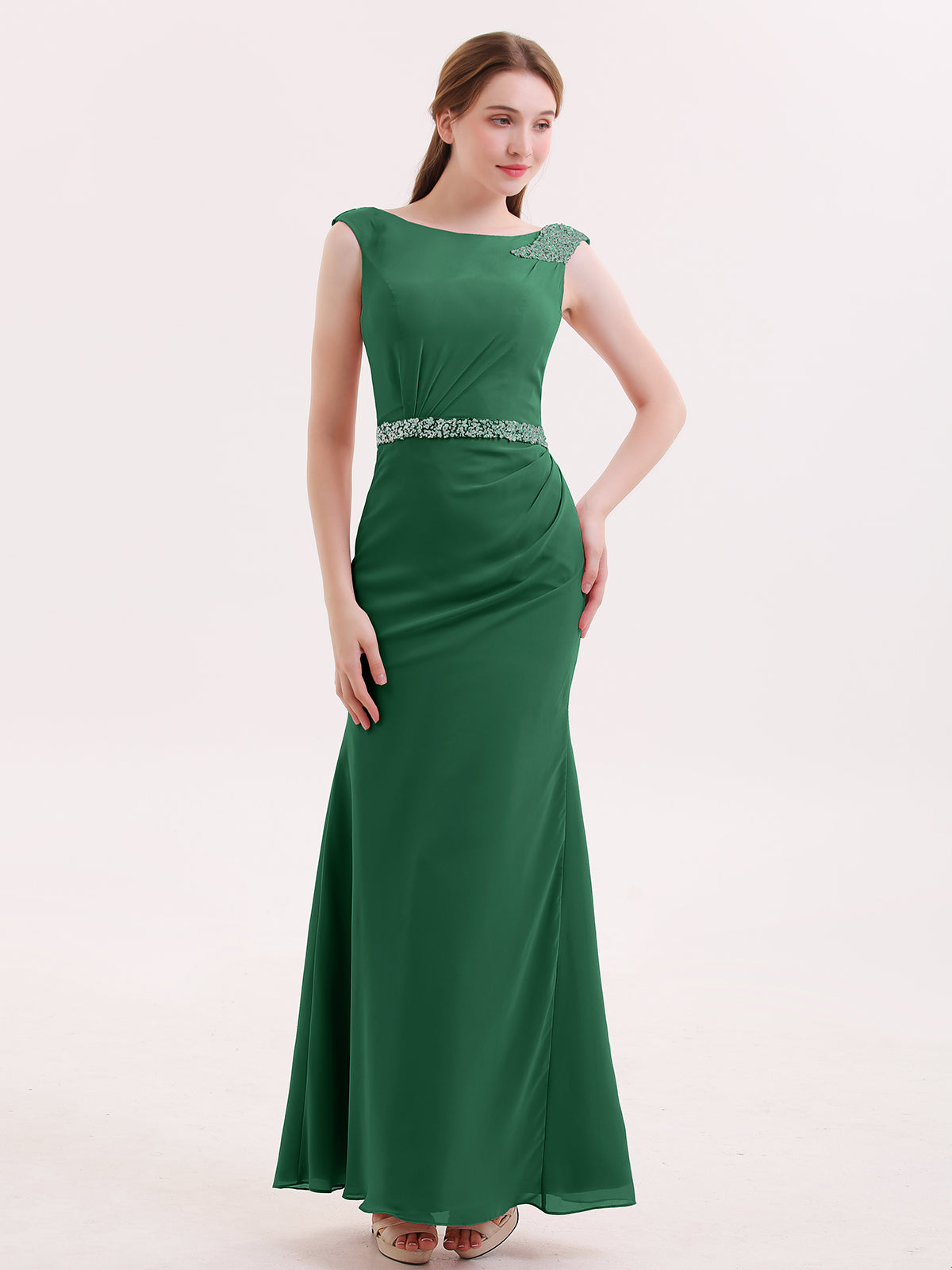 BABARONI Chiffon Sheath Dress with Beaded Waistband-Dark Green, Dark Green / US0 BABARONI Chiffon Sheath Dress with Beaded Waistband-Dark Green, Dark Green / US0
