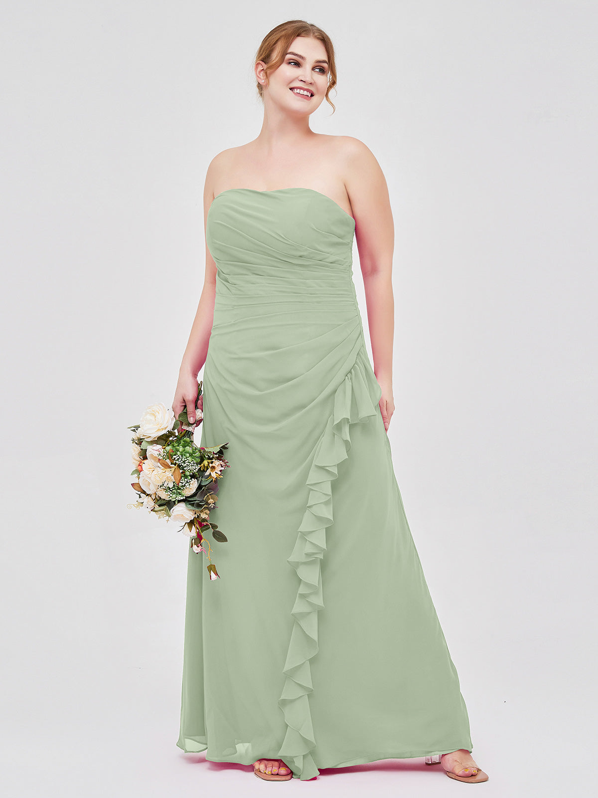 BABARONI Chiffon Dusty Sage Bridesmaid Dresses Strapless Floor-length Sleeveless Ruffle Sheath/Column BABARONI Chiffon Dusty Sage Bridesmaid Dresses Strapless Floor-length Sleeveless Ruffle Sheath/Column