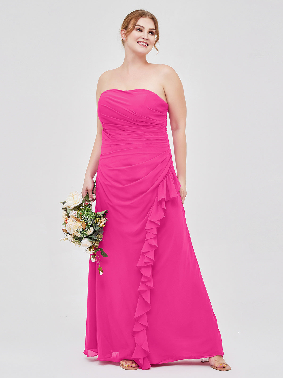 Plus Size Fuchsia Strapless Chiffon Bridesmaid Dress with Ruffle Detail - Sheath Silhouette