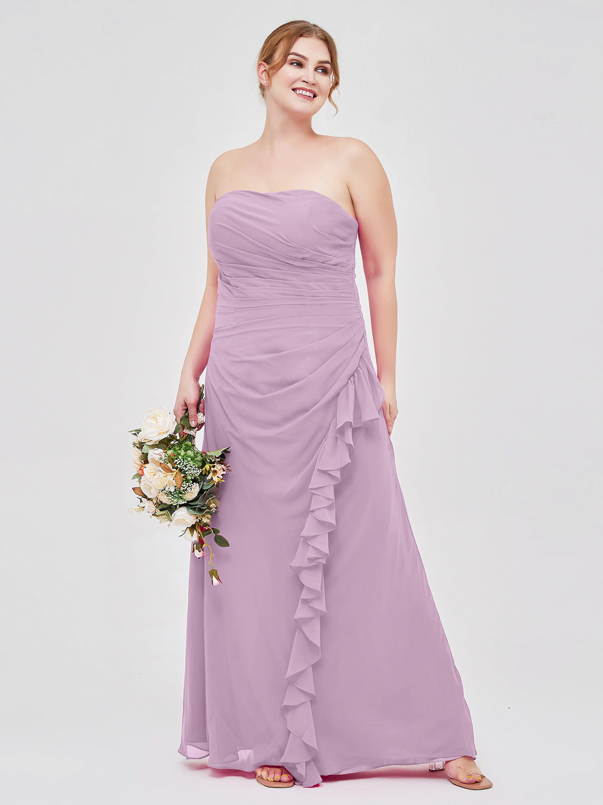 Plus Size Wisteria Strapless Chiffon Bridesmaid Dress with Ruffle Detail - Sheath Silhouette | BABARONI Plus Size Wisteria Strapless Chiffon Bridesmaid Dress with Ruffle Detail - Sheath Silhouette | BABARONI