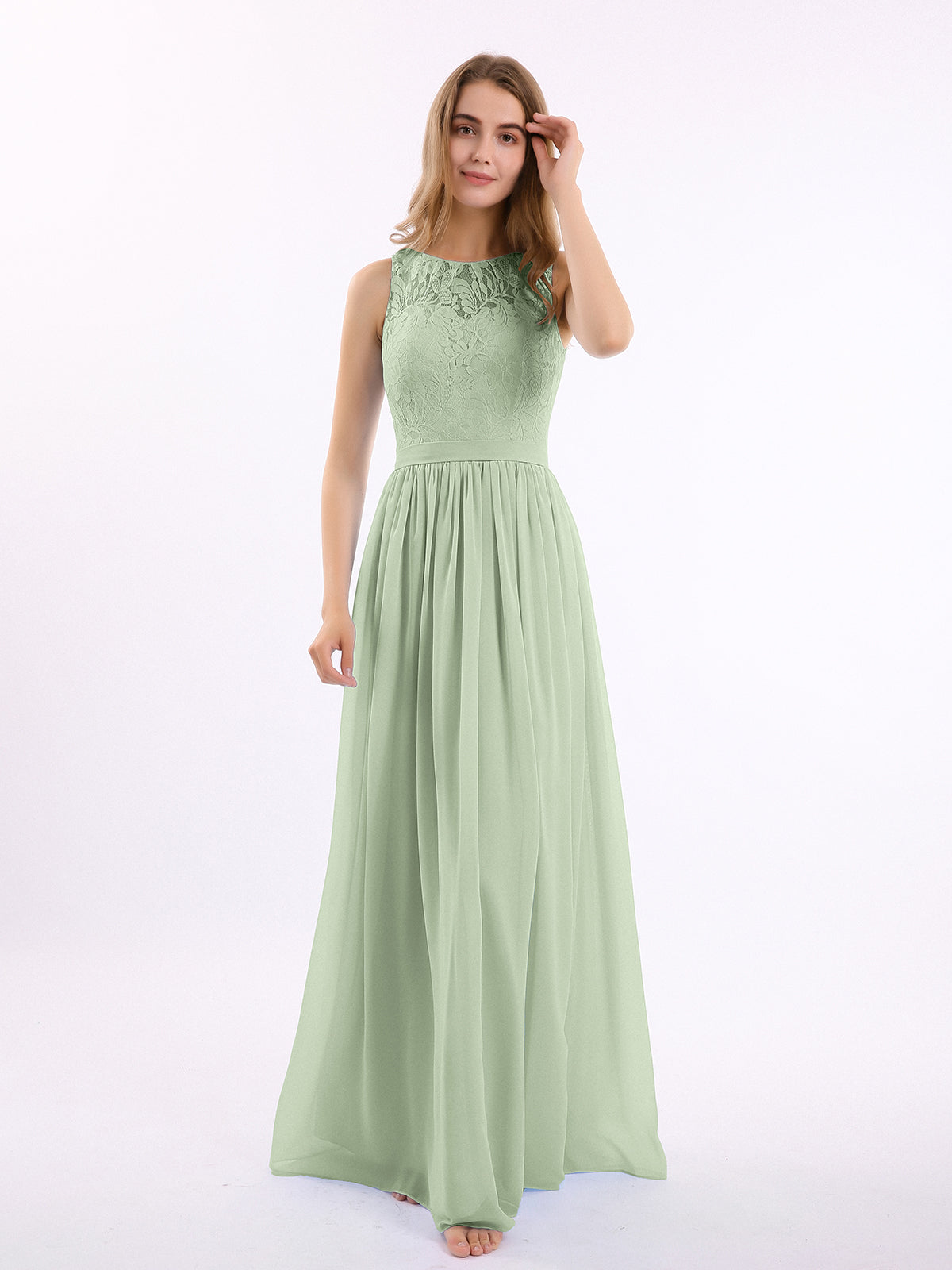 BABARONI Lace and Chiffon Long Gown of Bridesmaids-Dusty Sage, Dusty Sage / US0 BABARONI Lace and Chiffon Long Gown of Bridesmaids-Dusty Sage, Dusty Sage / US0